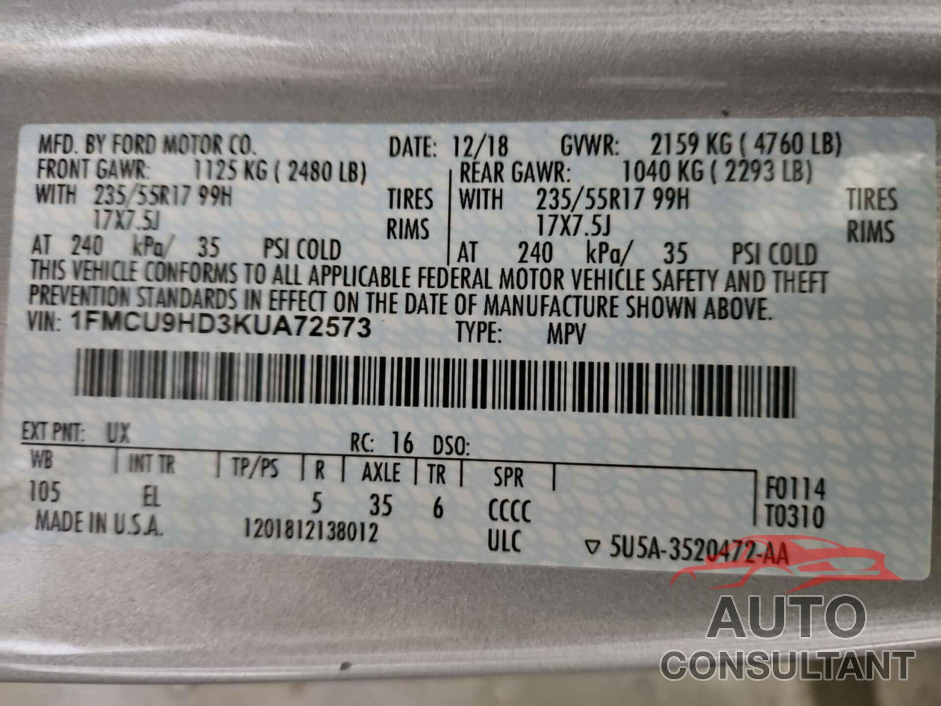 FORD ESCAPE 2019 - 1FMCU9HD3KUA72573