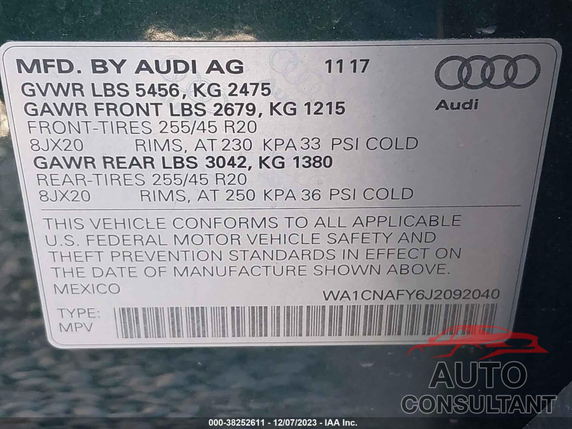 AUDI Q5 2018 - WA1CNAFY6J2092040