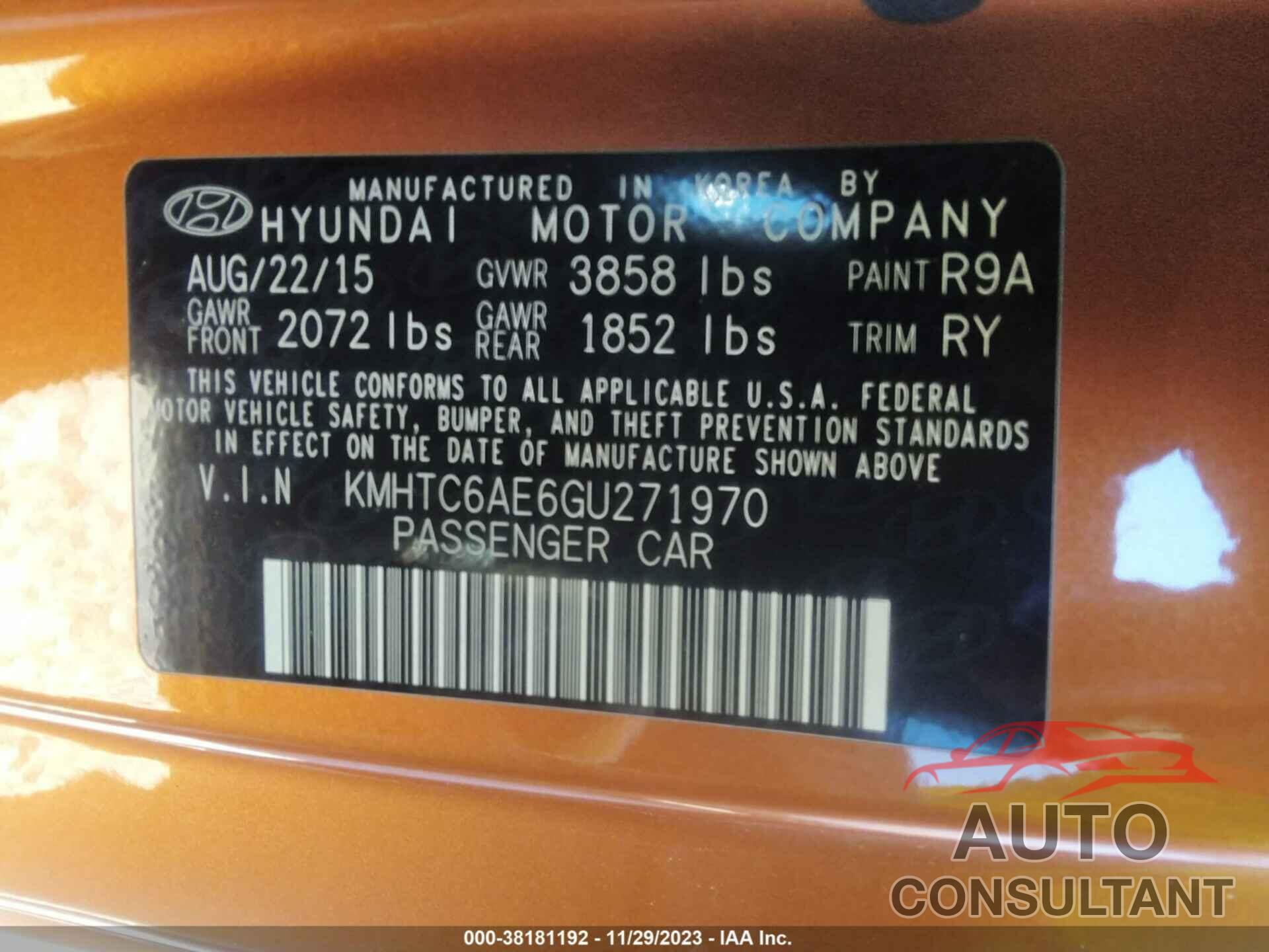 HYUNDAI VELOSTER 2016 - KMHTC6AE6GU271970