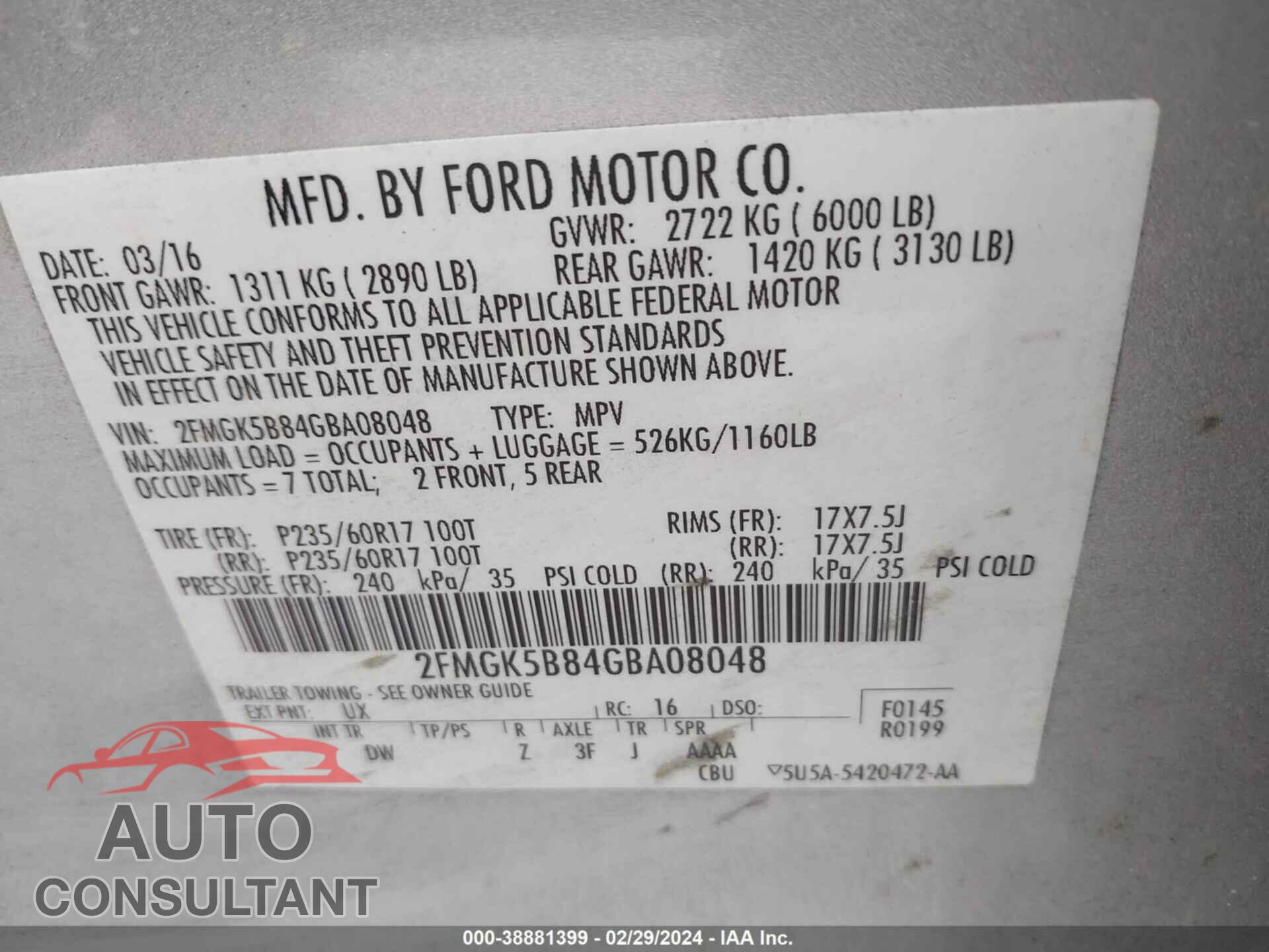 FORD FLEX 2016 - 2FMGK5B84GBA08048