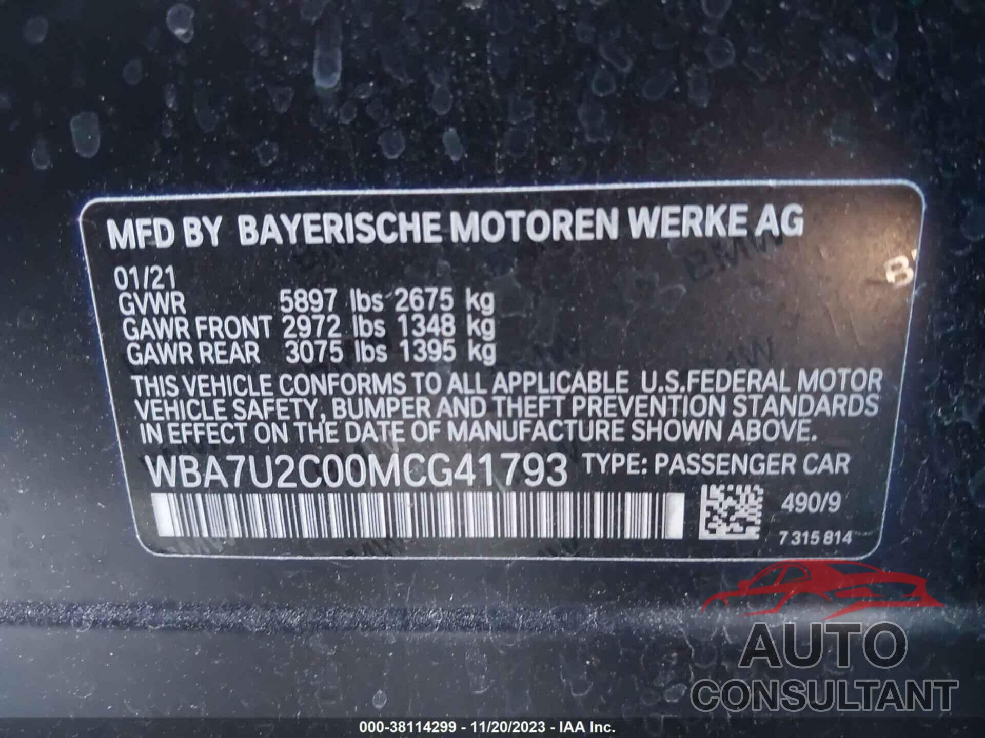 BMW 7 SERIES 2021 - WBA7U2C00MCG41793