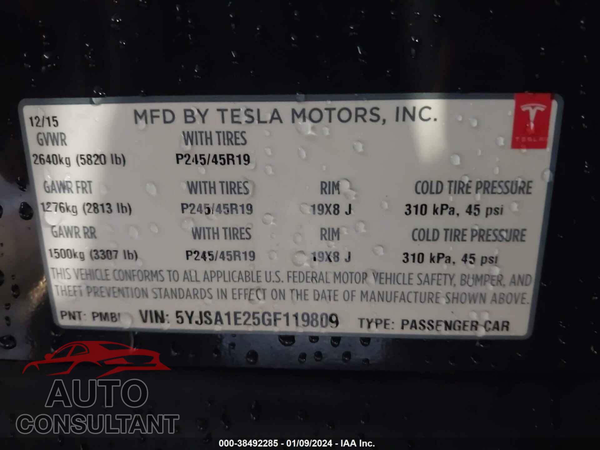TESLA MODEL S 2016 - 5YJSA1E25GF119809
