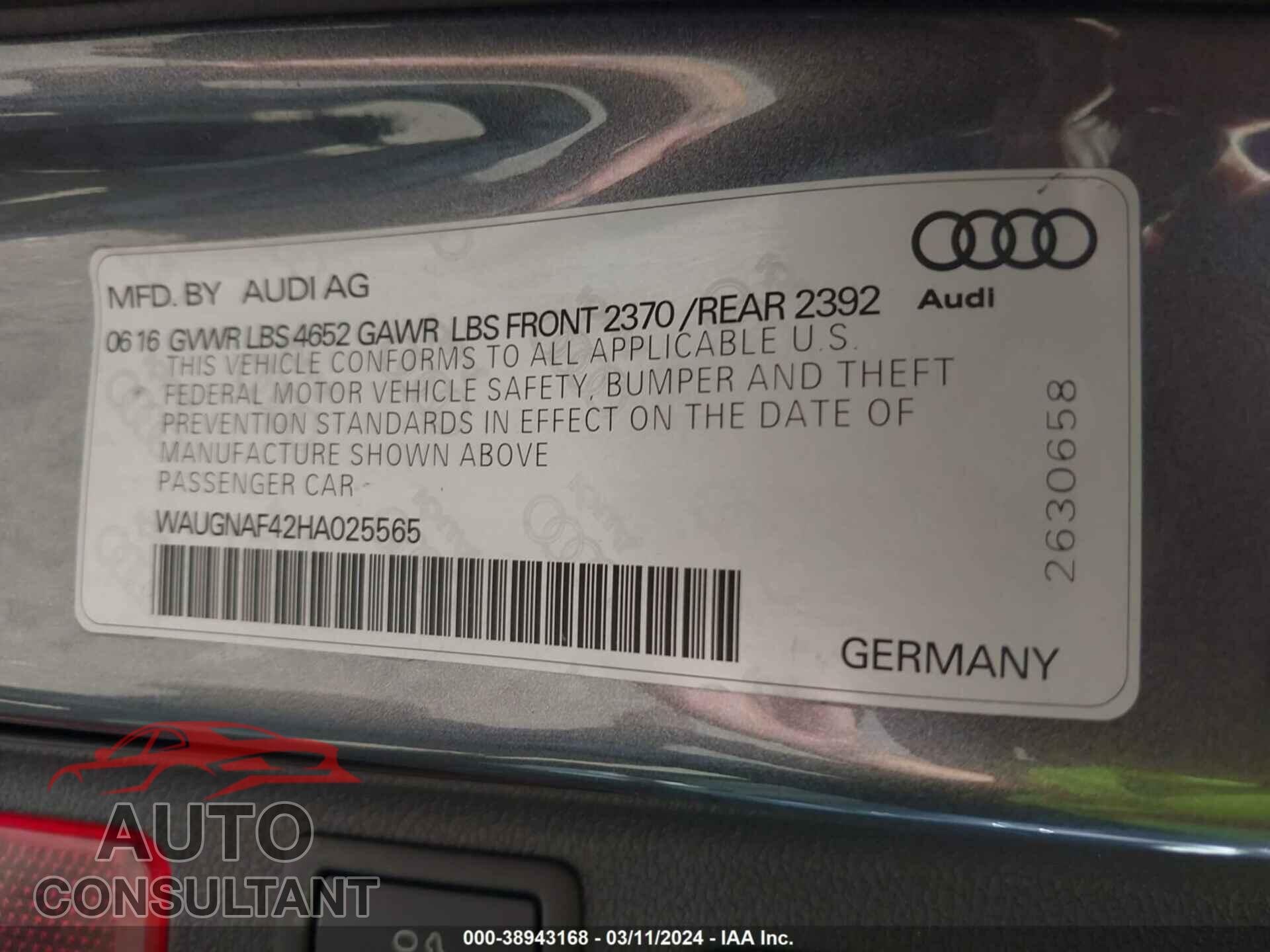 AUDI A4 2017 - WAUGNAF42HA025565