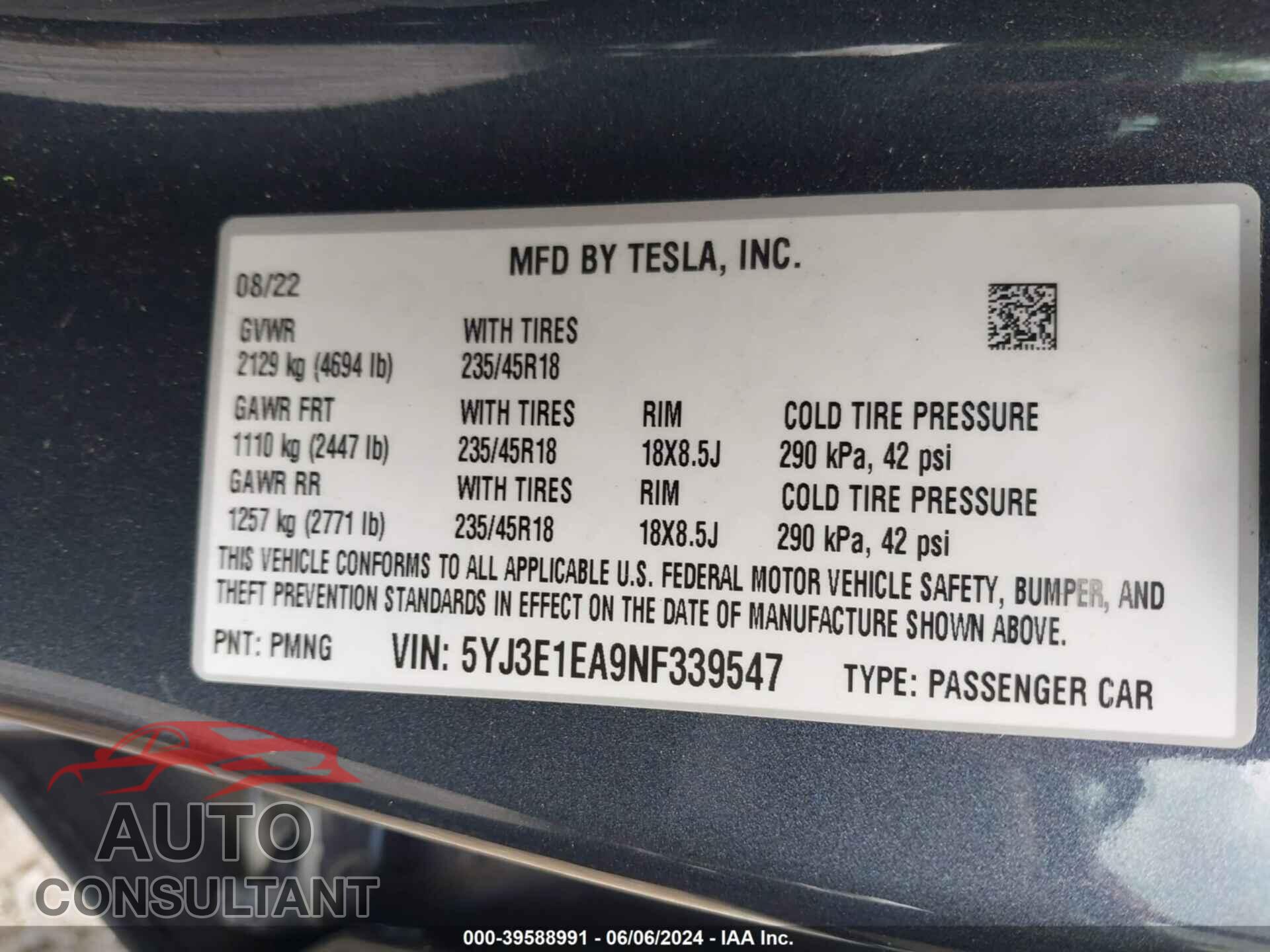 TESLA MODEL 3 2022 - 5YJ3E1EA9NF339547
