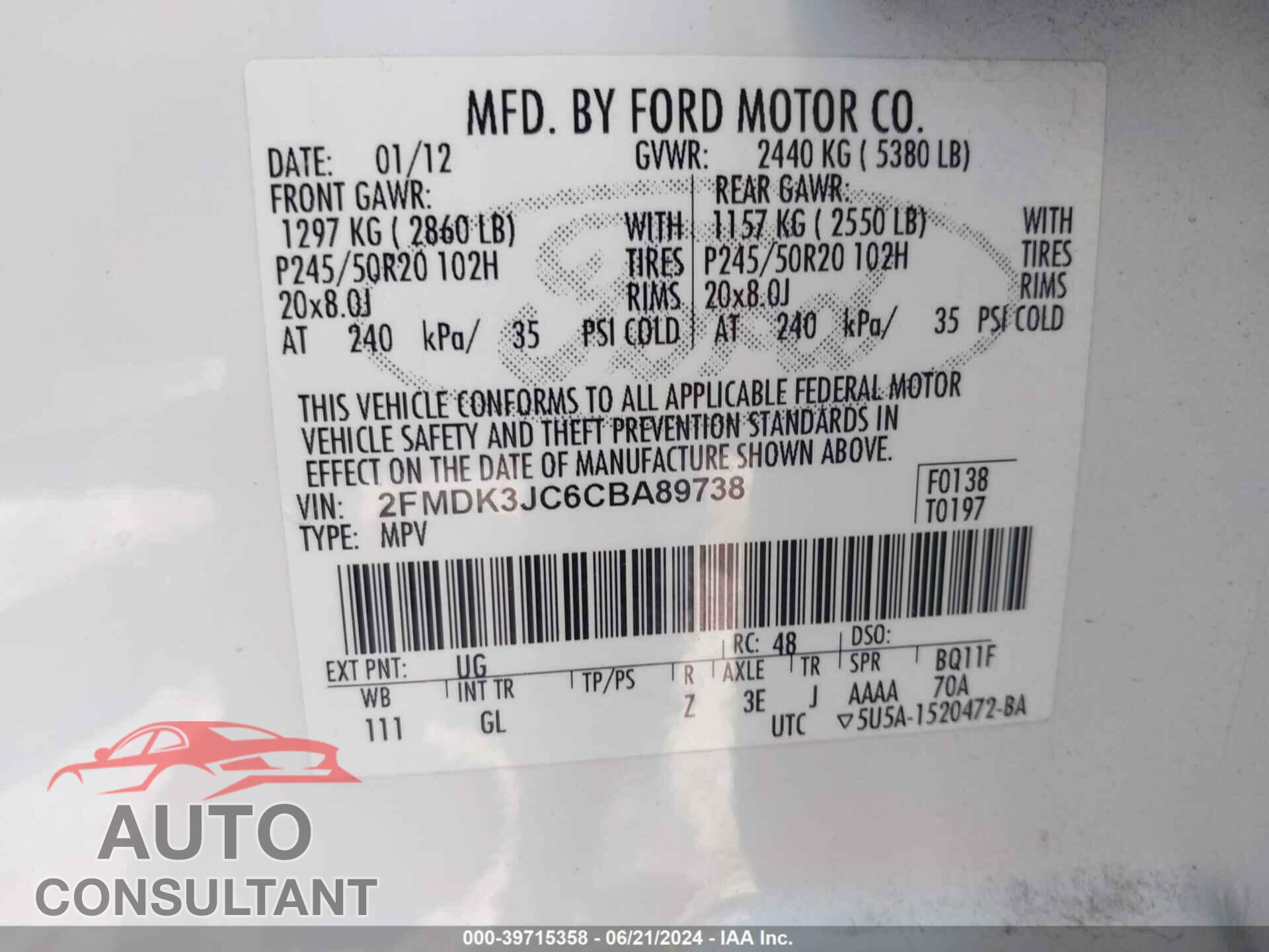 FORD EDGE 2012 - 2FMDK3JC6CBA89738