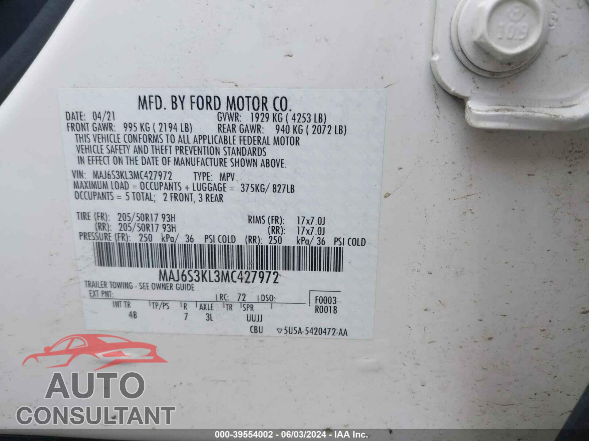 FORD ECOSPORT 2021 - MAJ6S3KL3MC427972