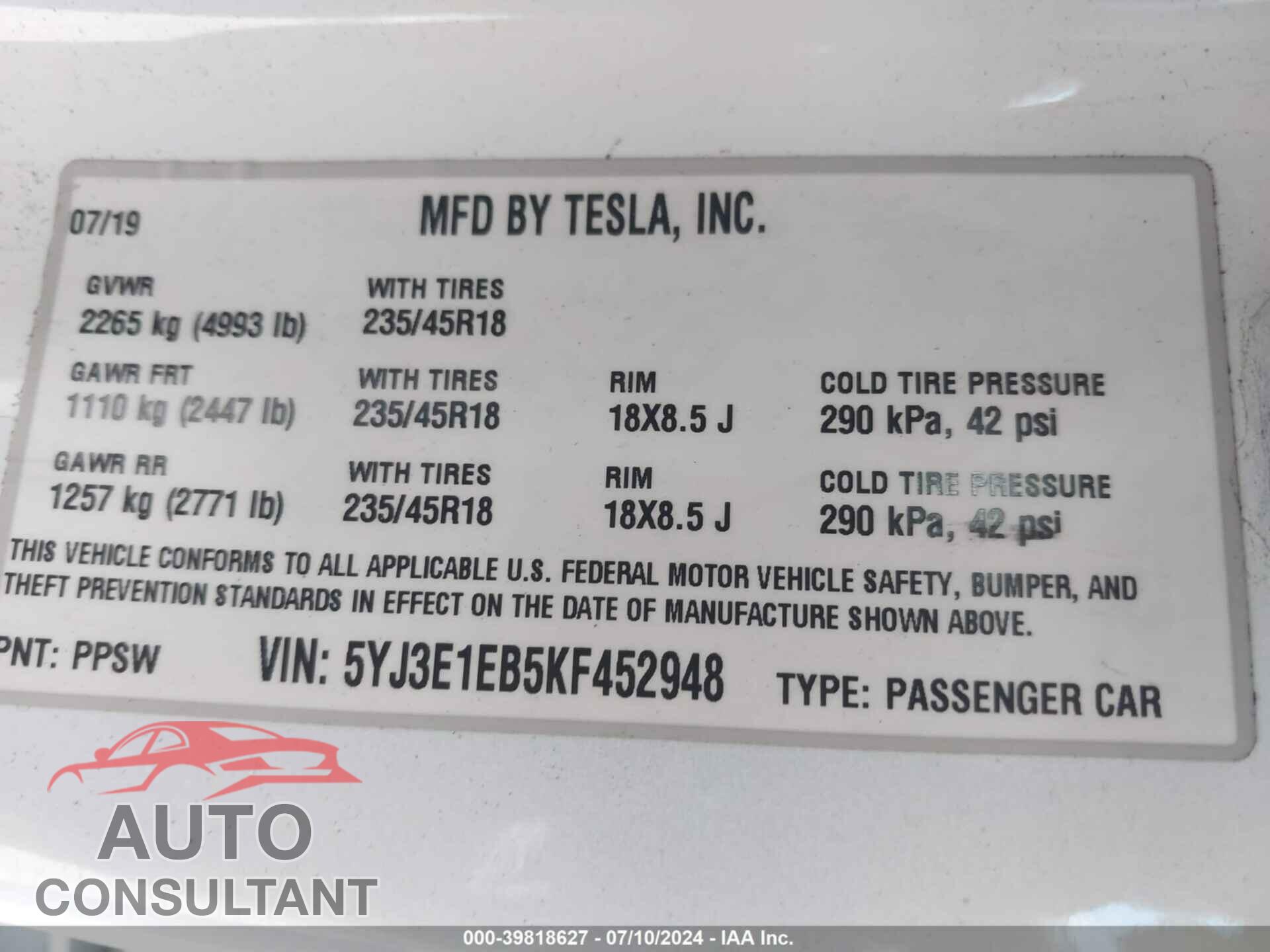 TESLA MODEL 3 2019 - 5YJ3E1EB5KF452948