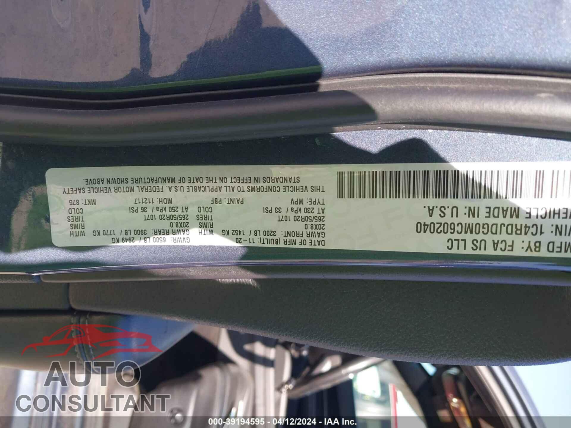 DODGE DURANGO 2021 - 1C4RDJDG0MC602040
