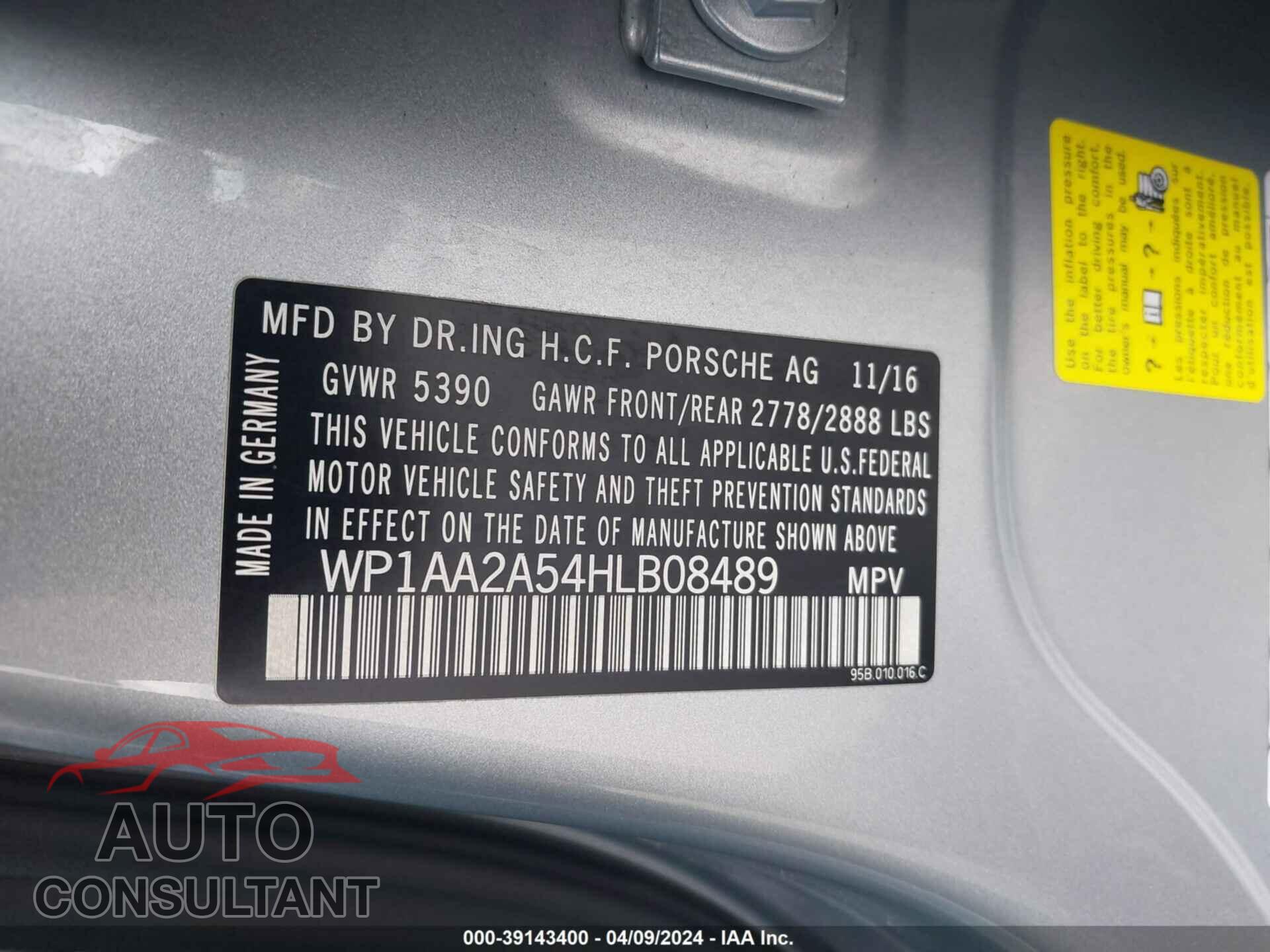 PORSCHE MACAN 2017 - WP1AA2A54HLB08489