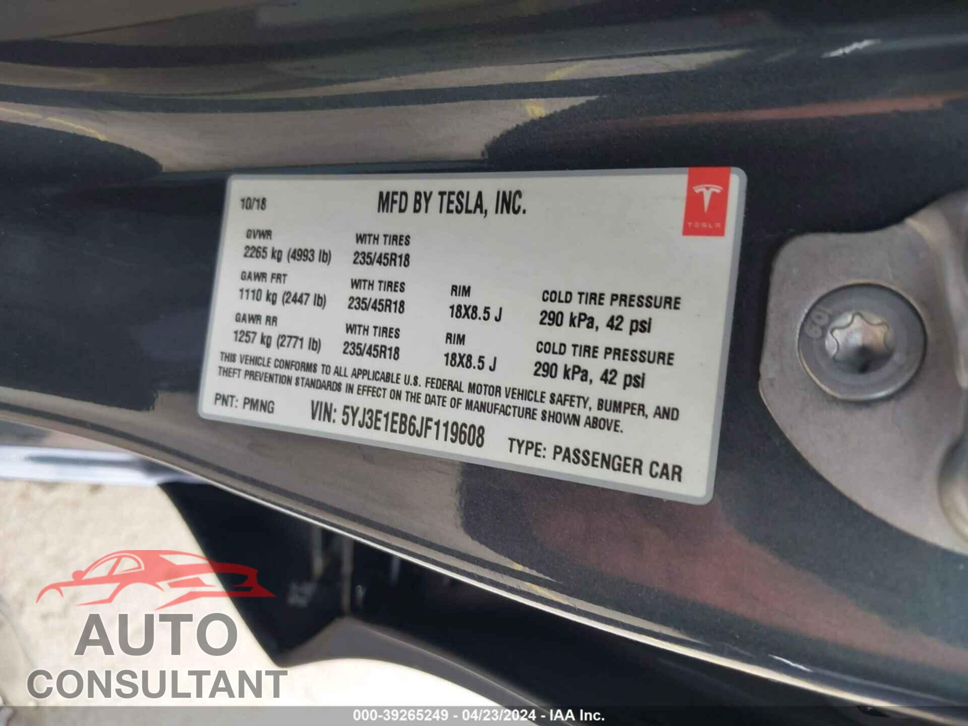 TESLA MODEL 3 2018 - 5YJ3E1EB6JF119608