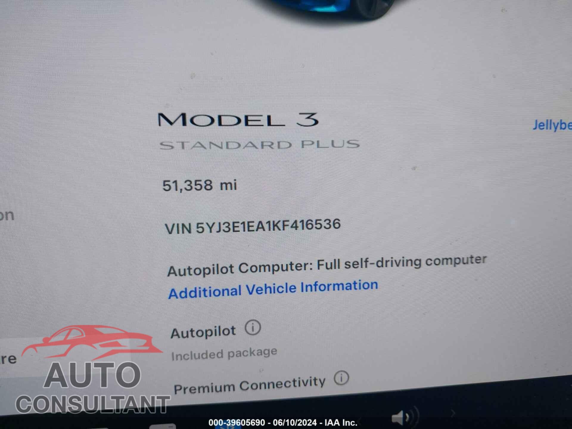 TESLA MODEL 3 2019 - 5YJ3E1EA1KF416536