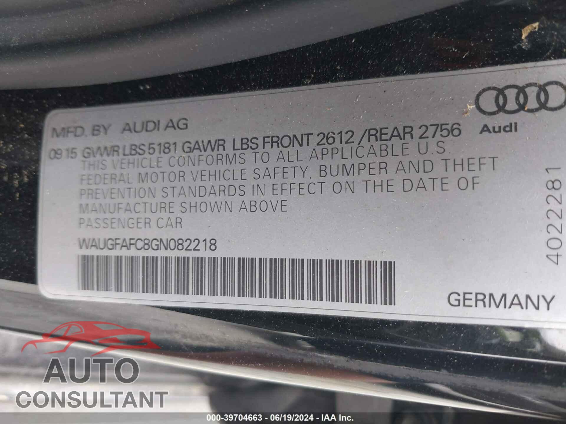 AUDI A6 2016 - WAUGFAFC8GN082218