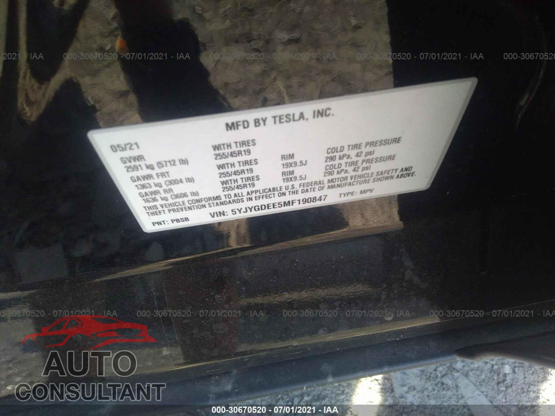 TESLA MODEL Y 2021 - 5YJYGDEE5MF190847