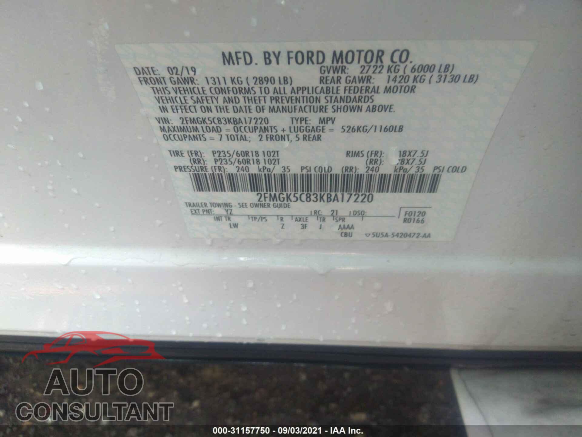 FORD FLEX 2019 - 2FMGK5C83KBA17220