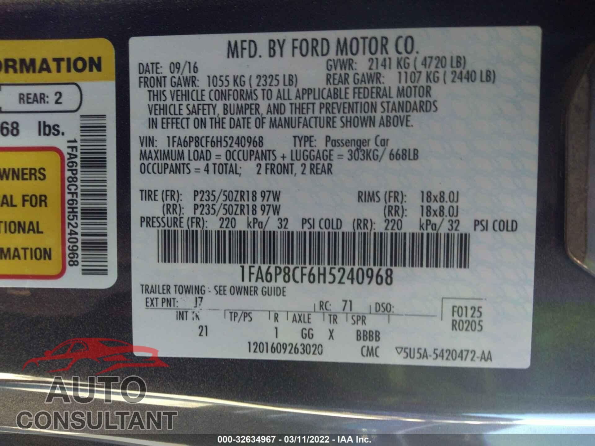 FORD MUSTANG 2017 - 1FA6P8CF6H5240968