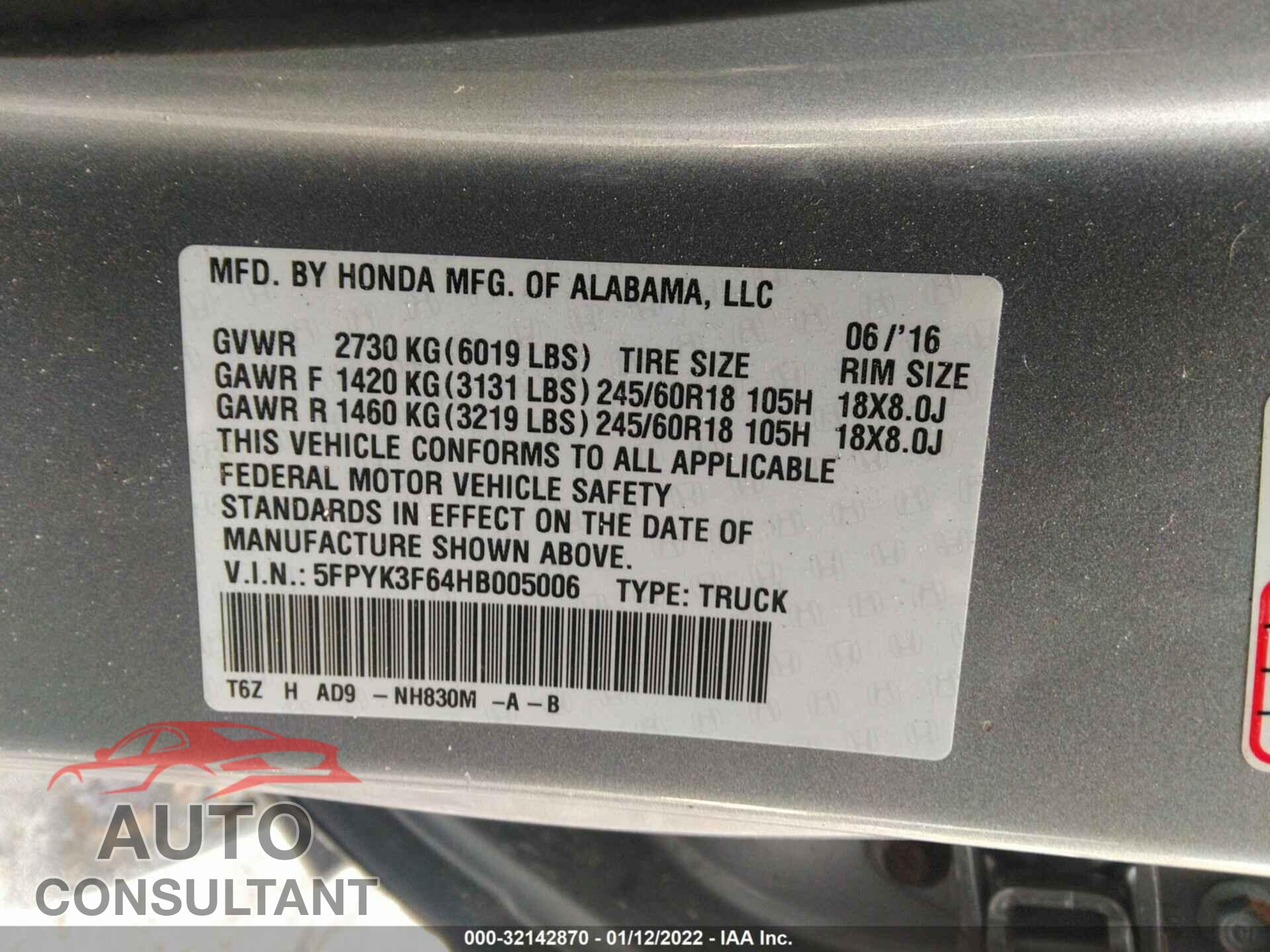 HONDA RIDGELINE 2017 - 5FPYK3F64HB005006