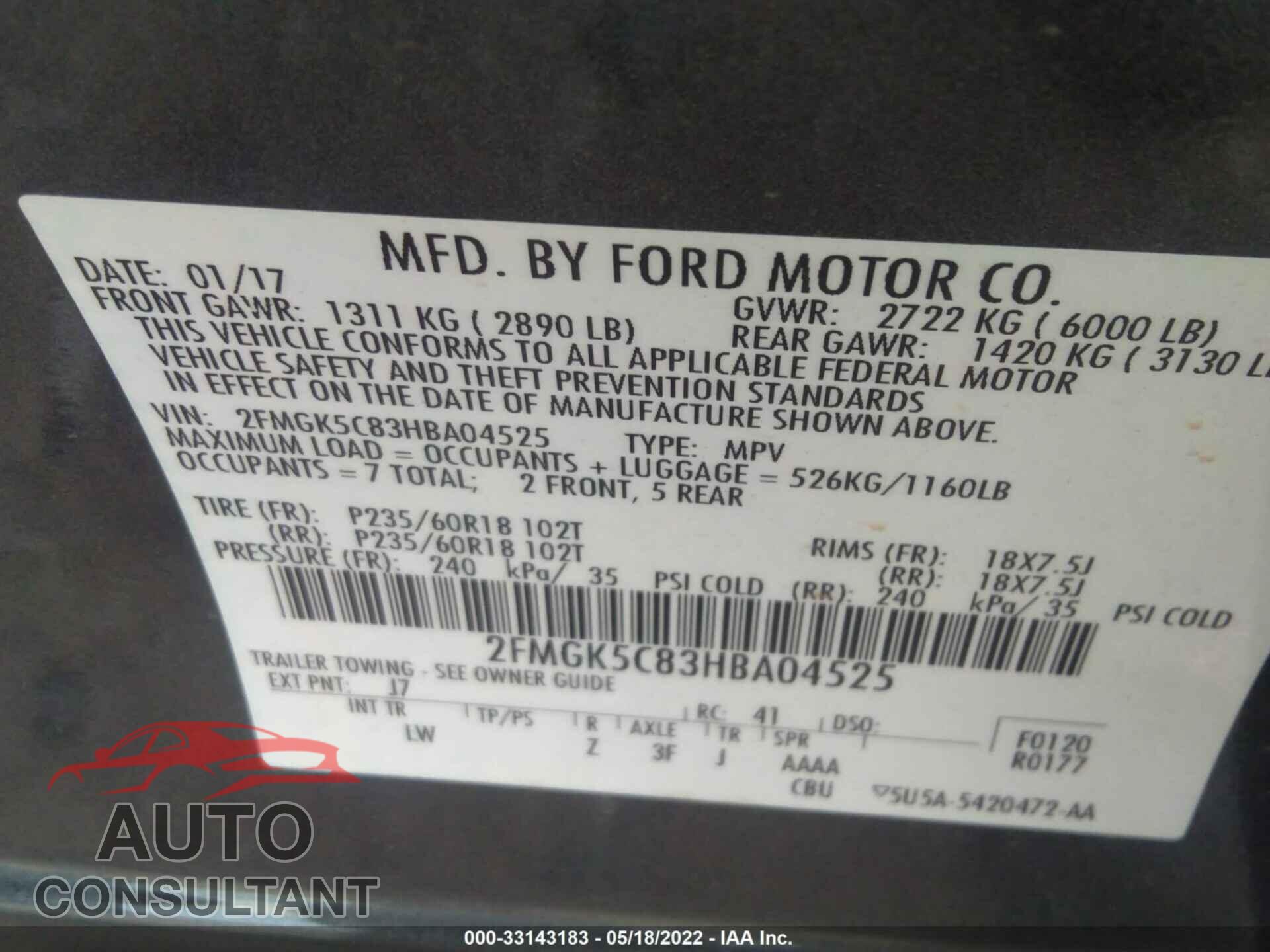 FORD FLEX 2017 - 2FMGK5C83HBA04525