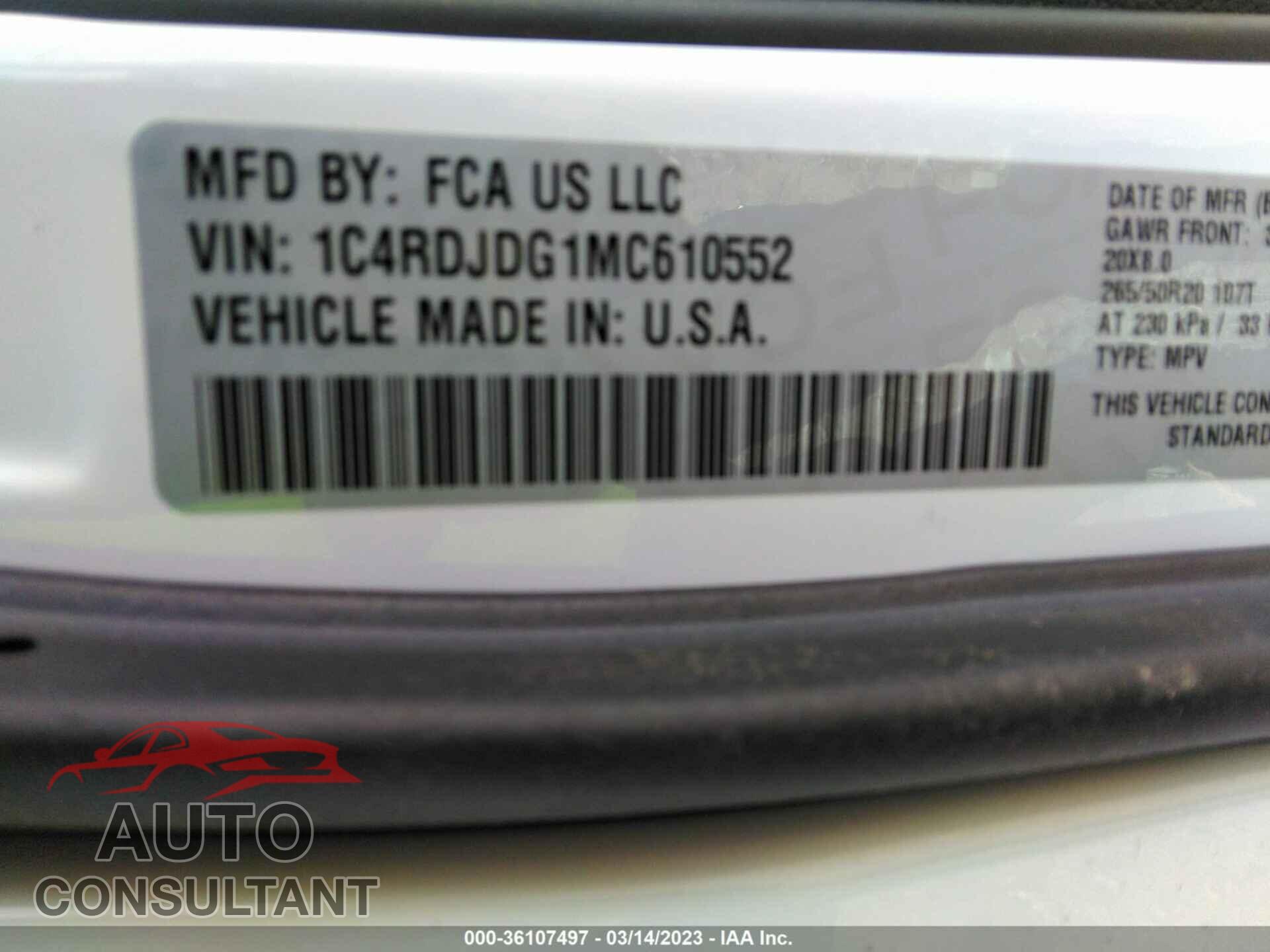 DODGE DURANGO 2021 - 1C4RDJDG1MC610552