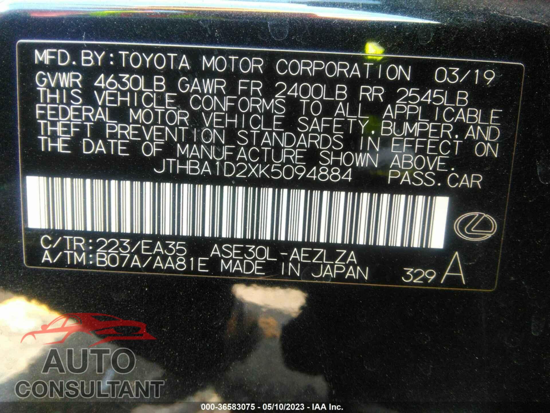 LEXUS IS 2019 - JTHBA1D2XK5094884