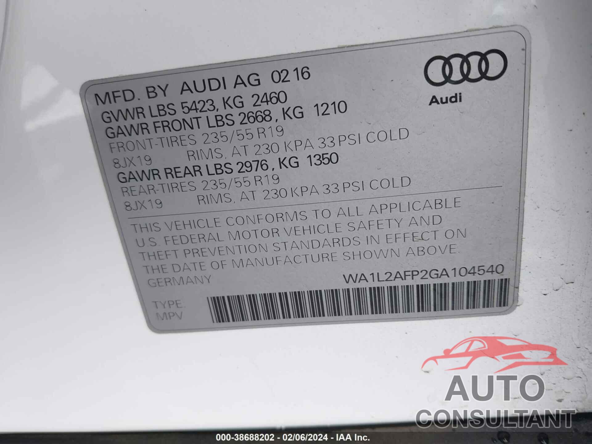 AUDI Q5 2016 - WA1L2AFP2GA104540