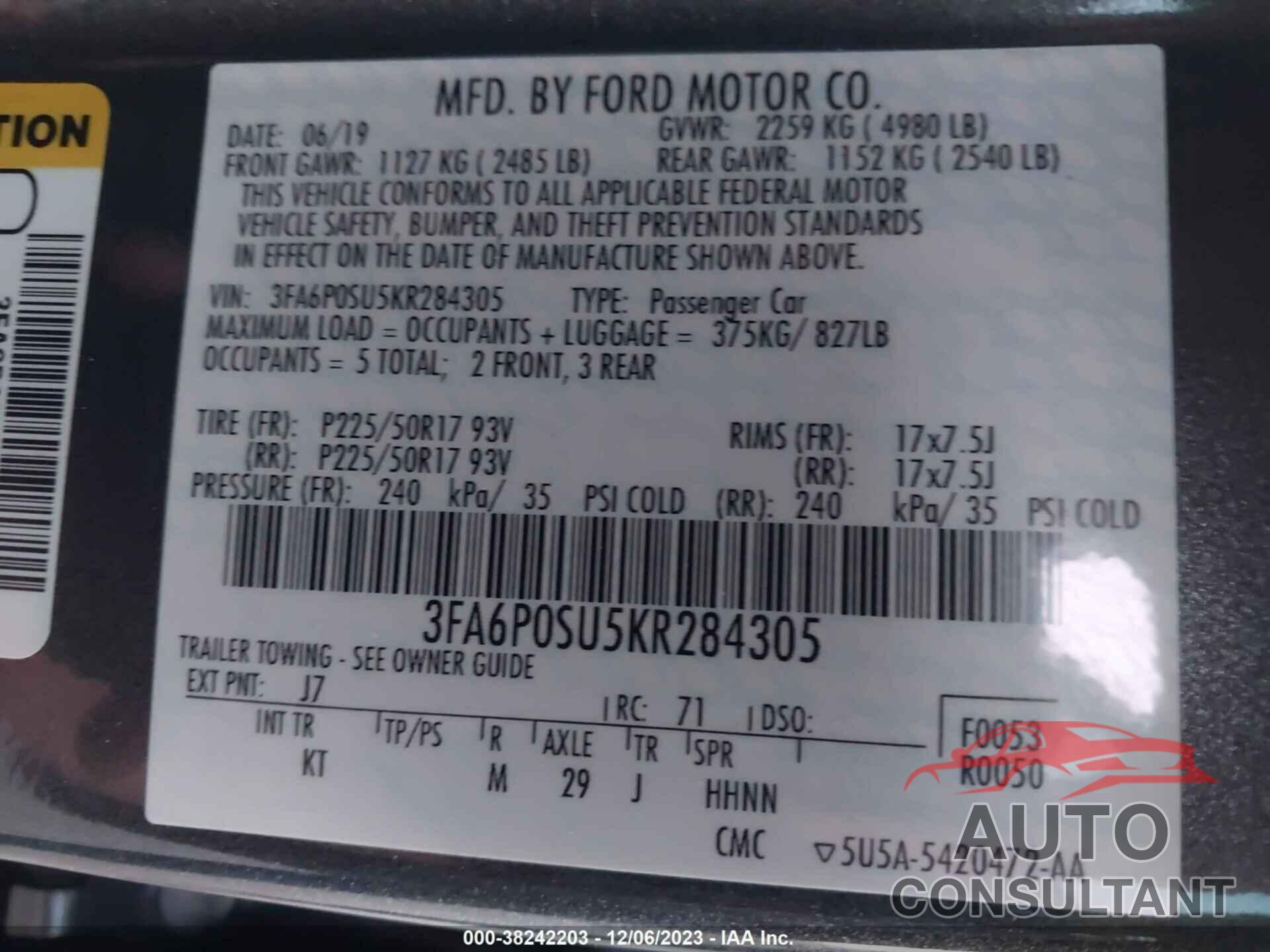 FORD FUSION 2019 - 3FA6P0SU5KR284305