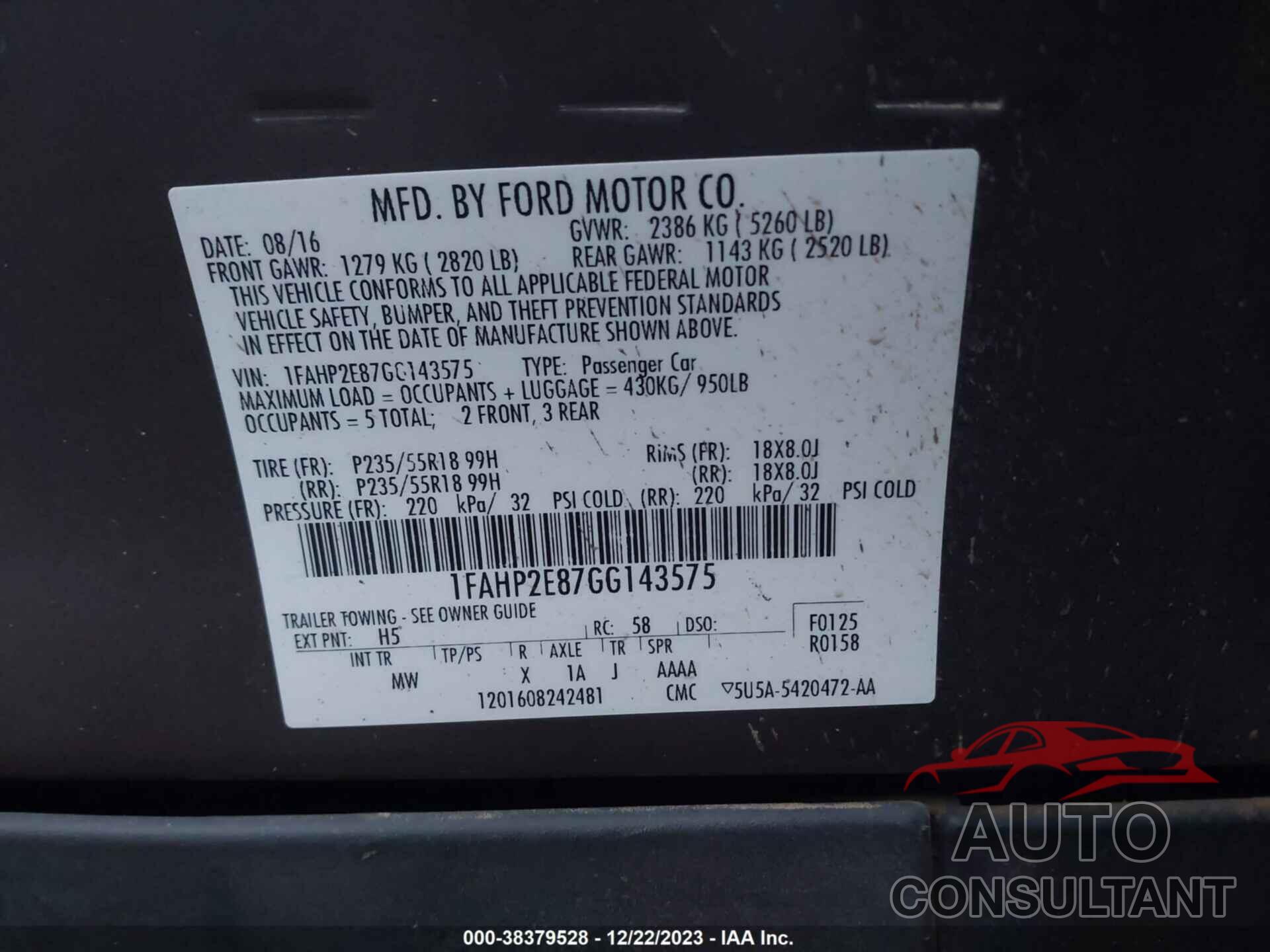 FORD TAURUS 2016 - 1FAHP2E87GG143575