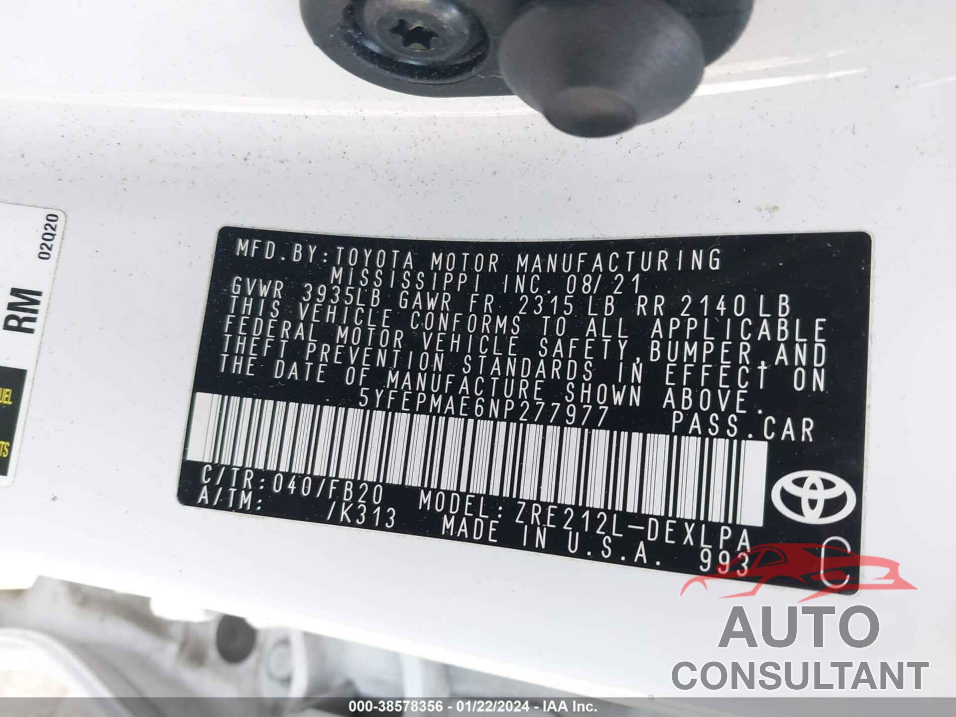 TOYOTA COROLLA 2022 - 5YFEPMAE6NP277977