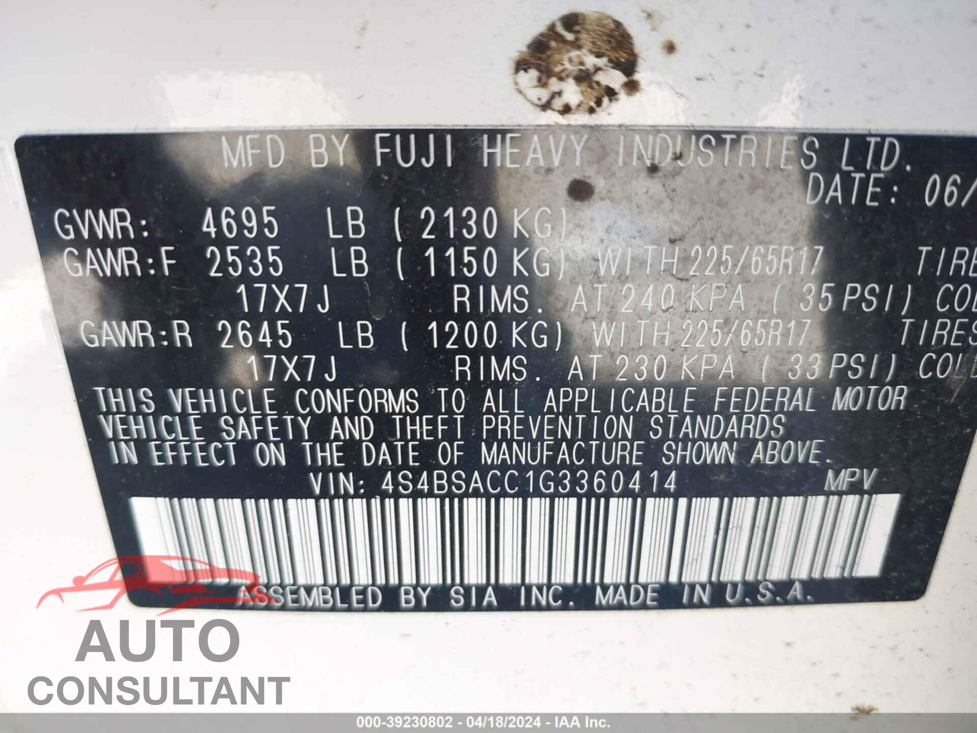 SUBARU OUTBACK 2016 - 4S4BSACC1G3360414