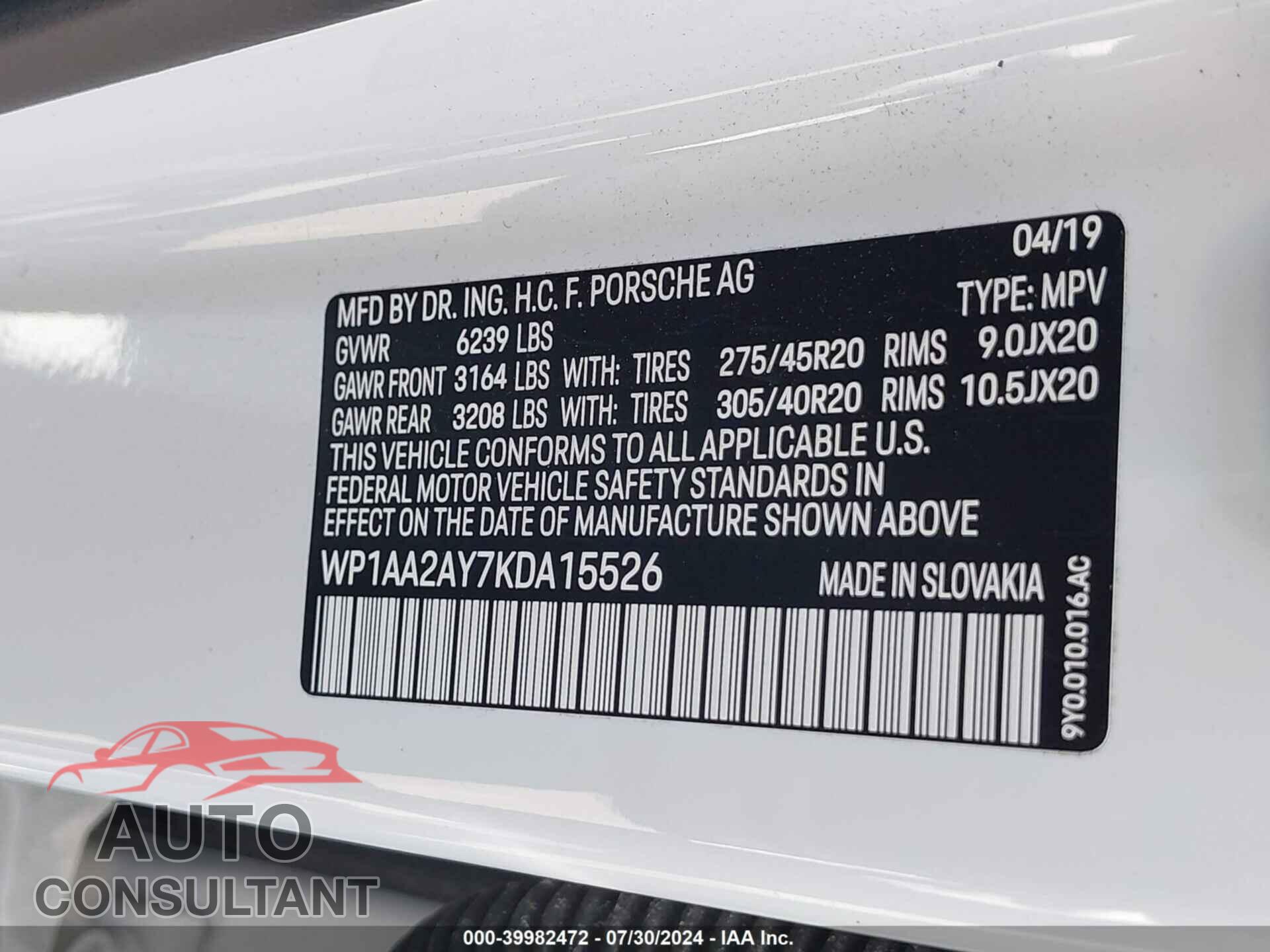 PORSCHE CAYENNE 2019 - WP1AA2AY7KDA15526