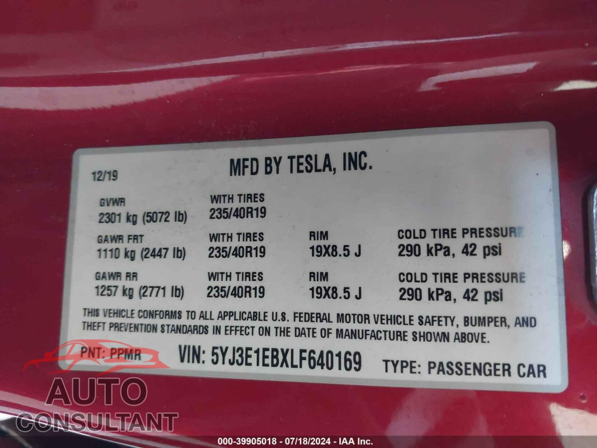 TESLA MODEL 3 2020 - 5YJ3E1EBXLF640169