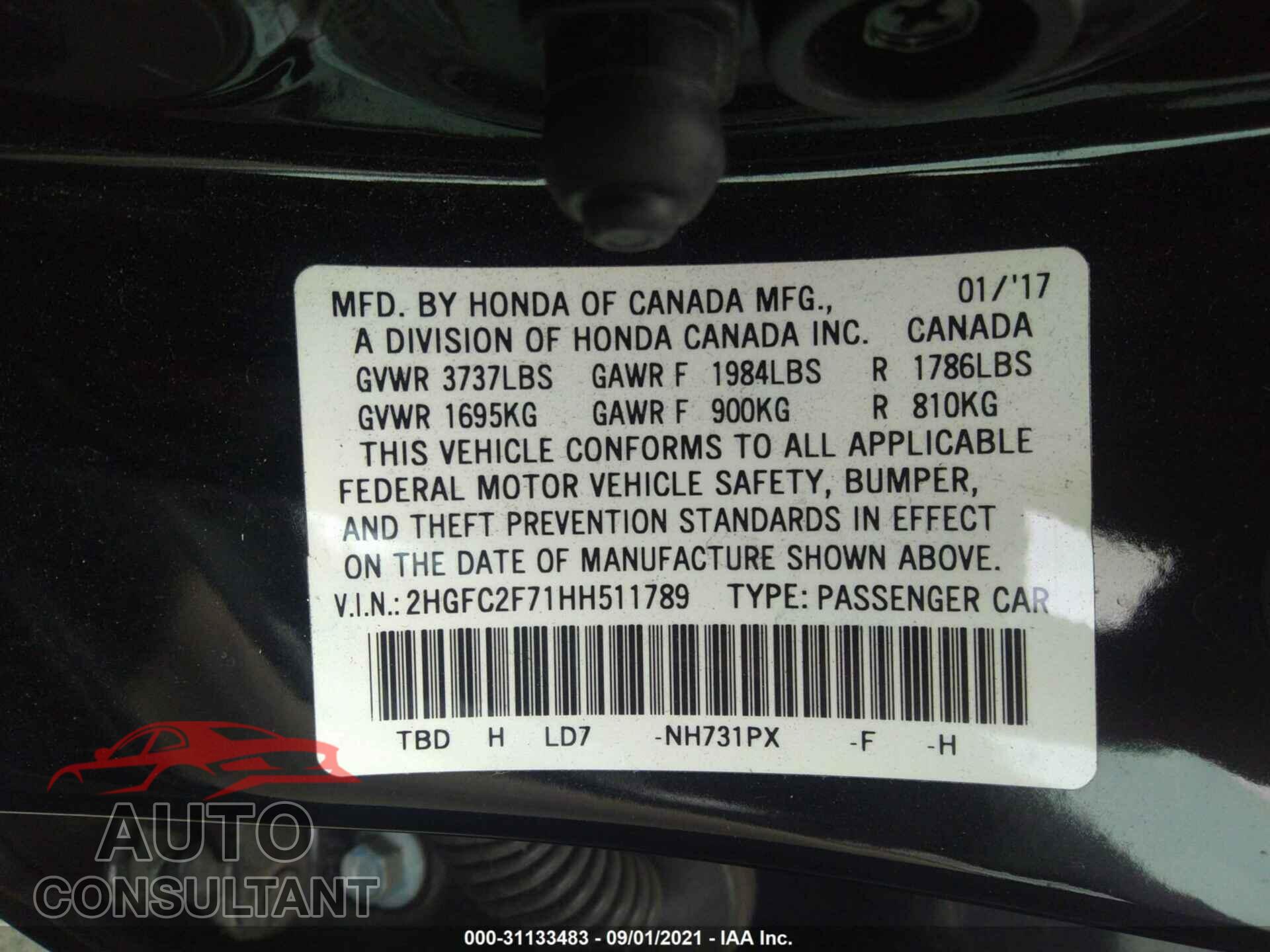 HONDA CIVIC SEDAN 2017 - 2HGFC2F71HH511789