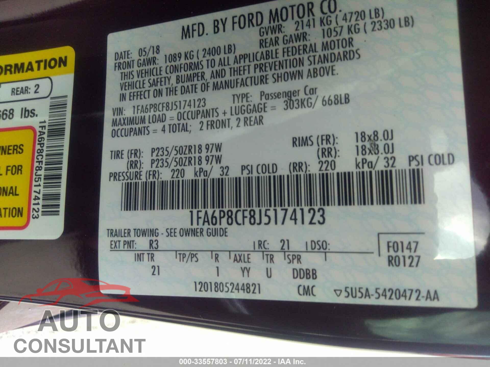 FORD MUSTANG 2018 - 1FA6P8CF8J5174123