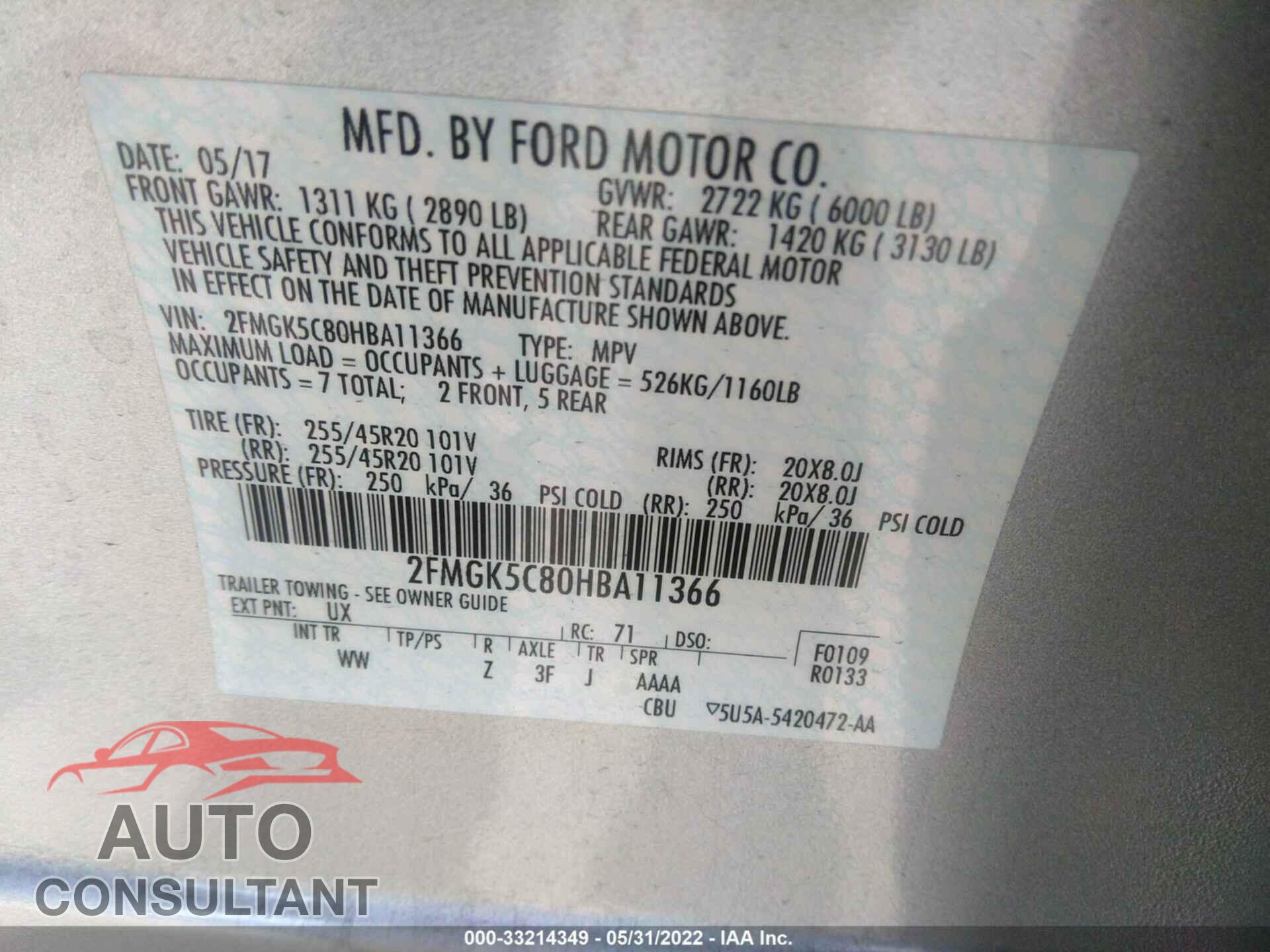 FORD FLEX 2017 - 2FMGK5C80HBA11366