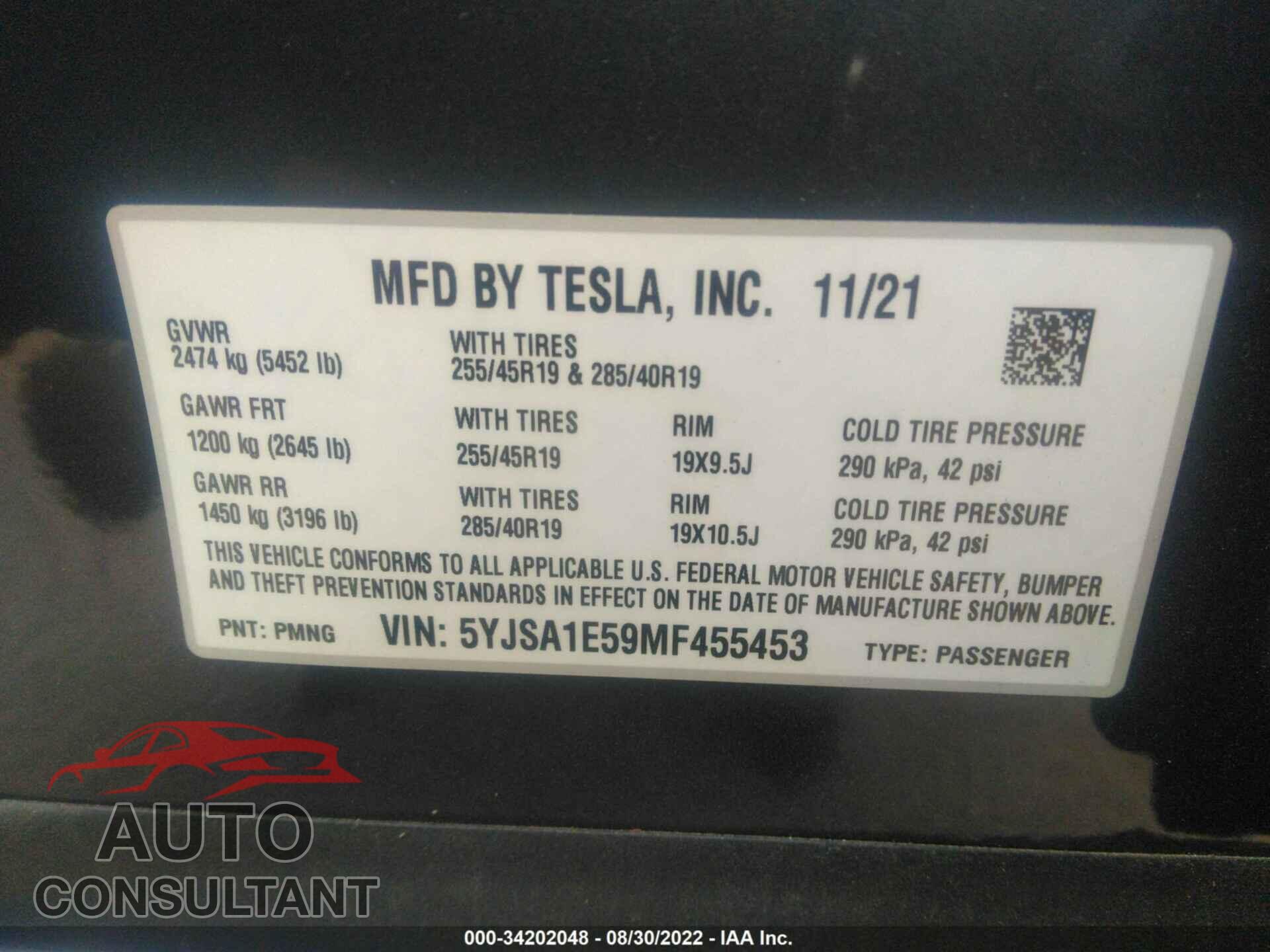 TESLA MODEL S 2021 - 5YJSA1E59MF455453