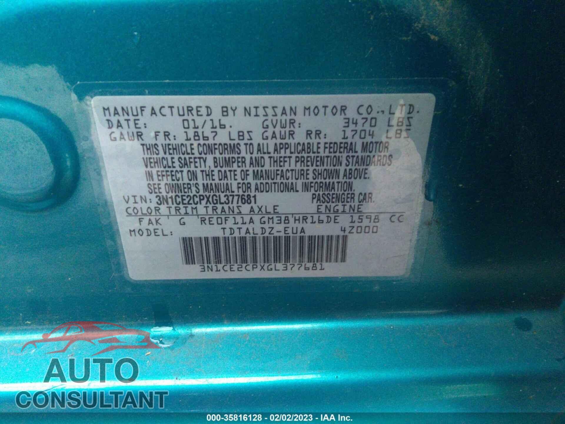 NISSAN VERSA NOTE 2016 - 3N1CE2CPXGL377681