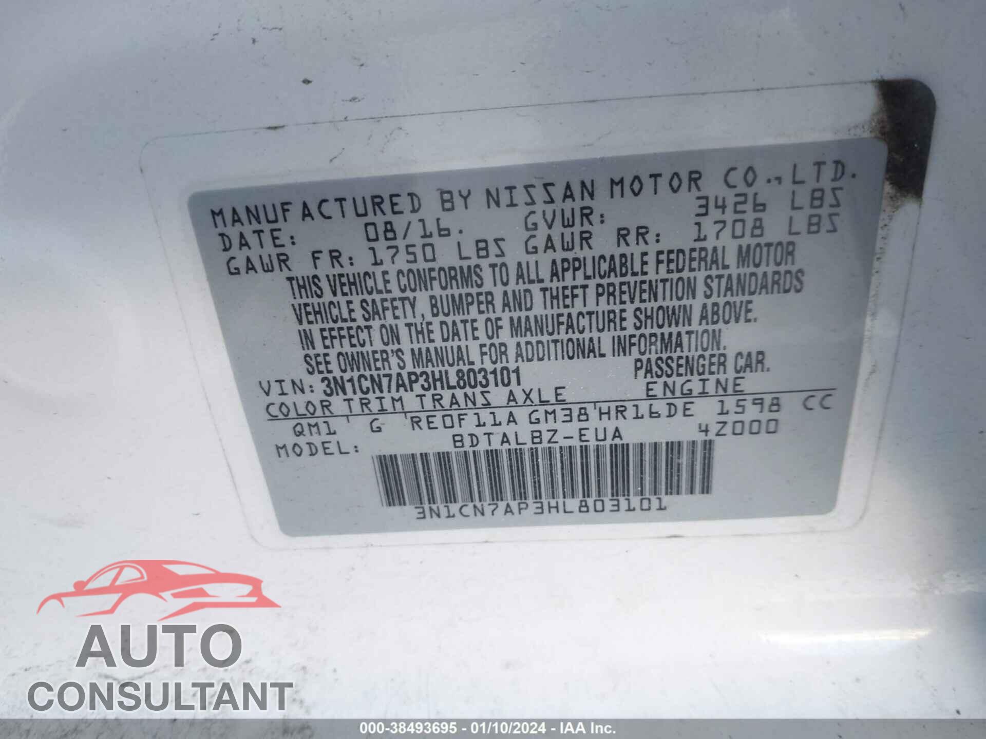 NISSAN VERSA 2017 - 3N1CN7AP3HL803101