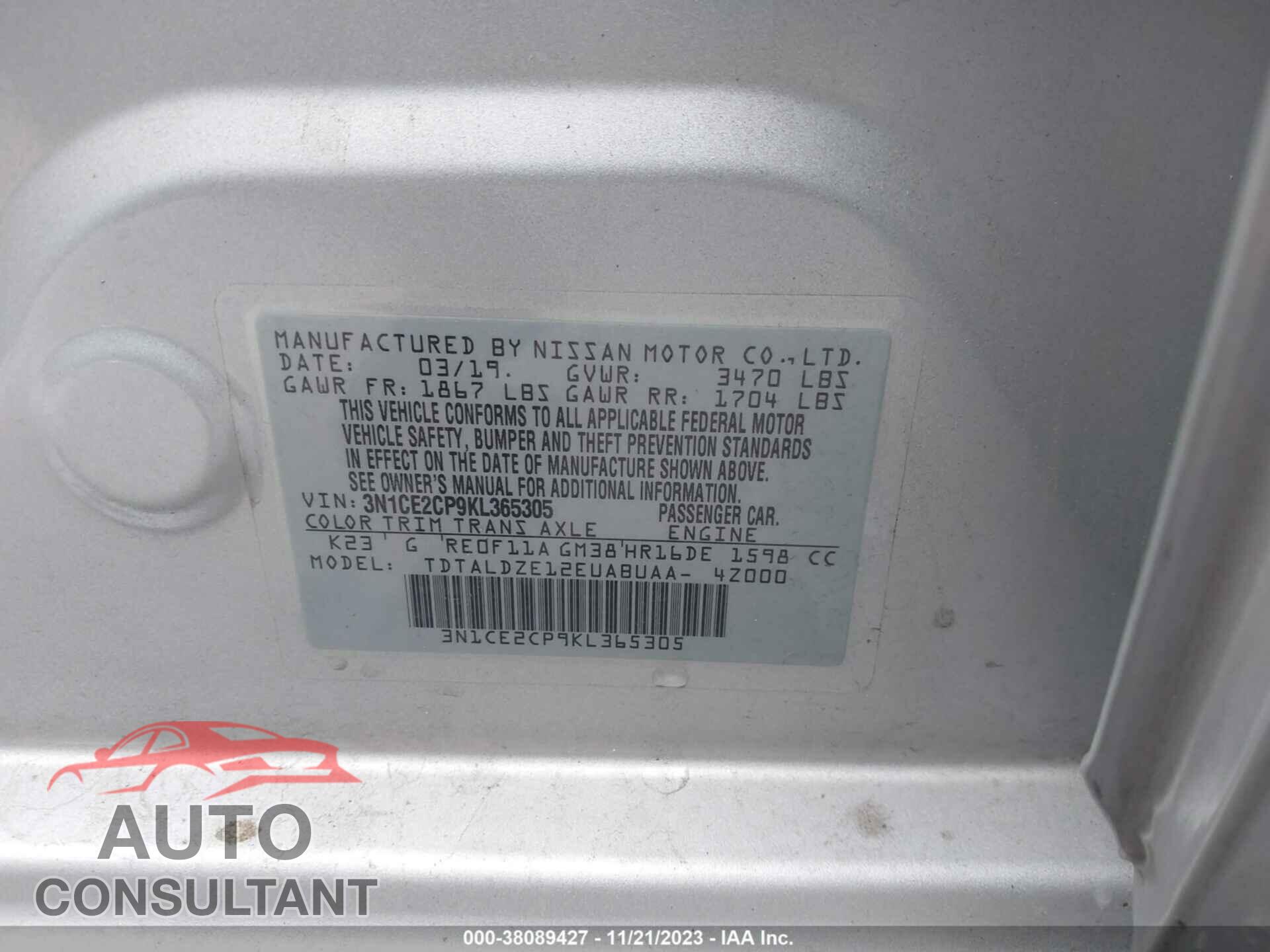 NISSAN VERSA NOTE 2019 - 3N1CE2CP9KL365305
