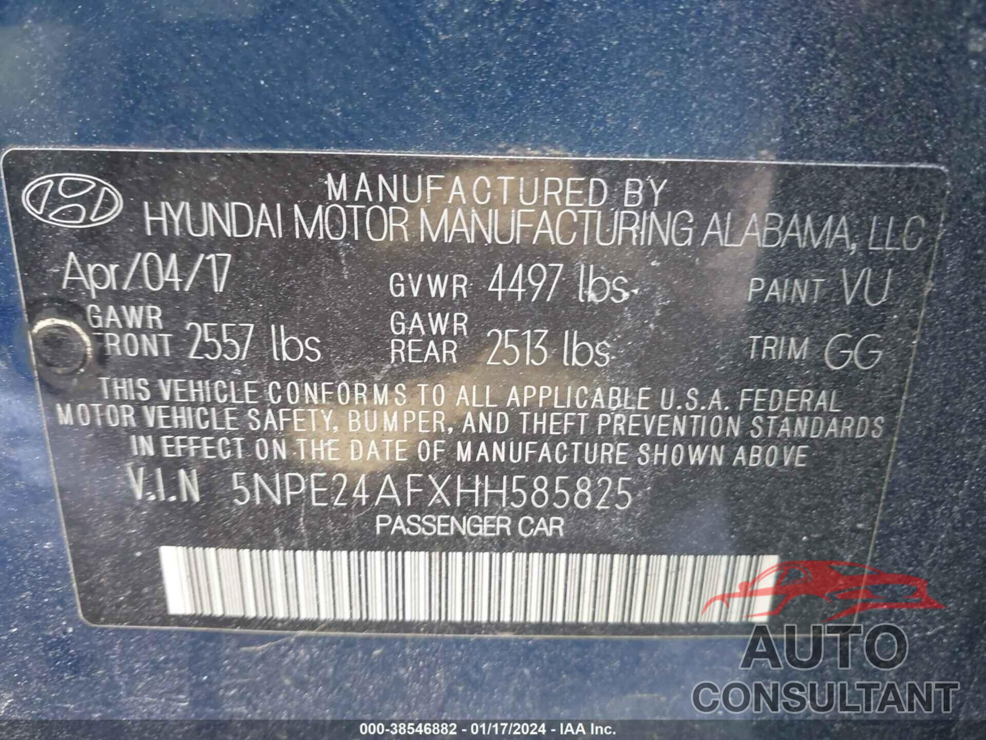 HYUNDAI SONATA 2017 - 5NPE24AFXHH585825