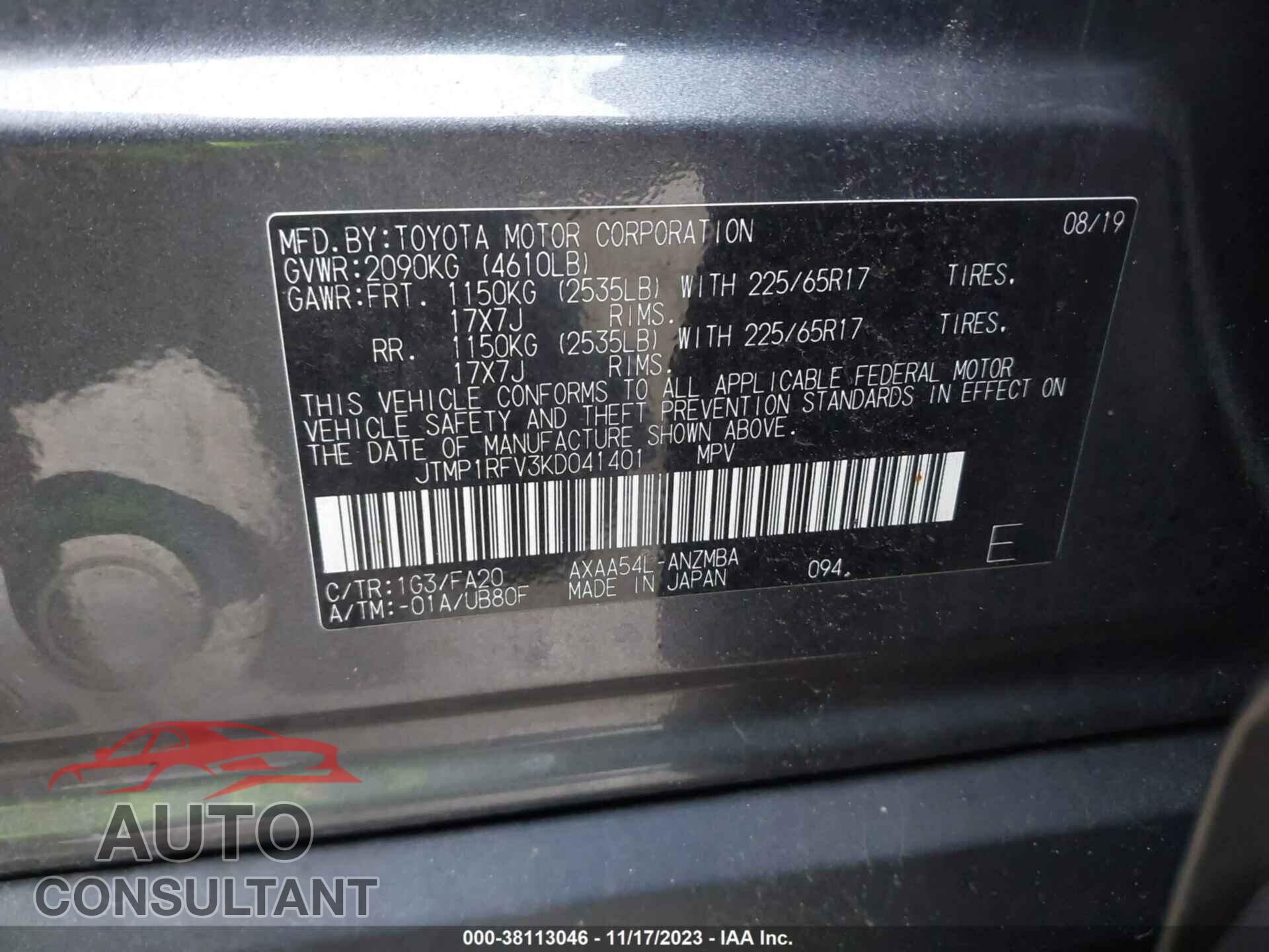 TOYOTA RAV4 2019 - JTMP1RFV3KD041401