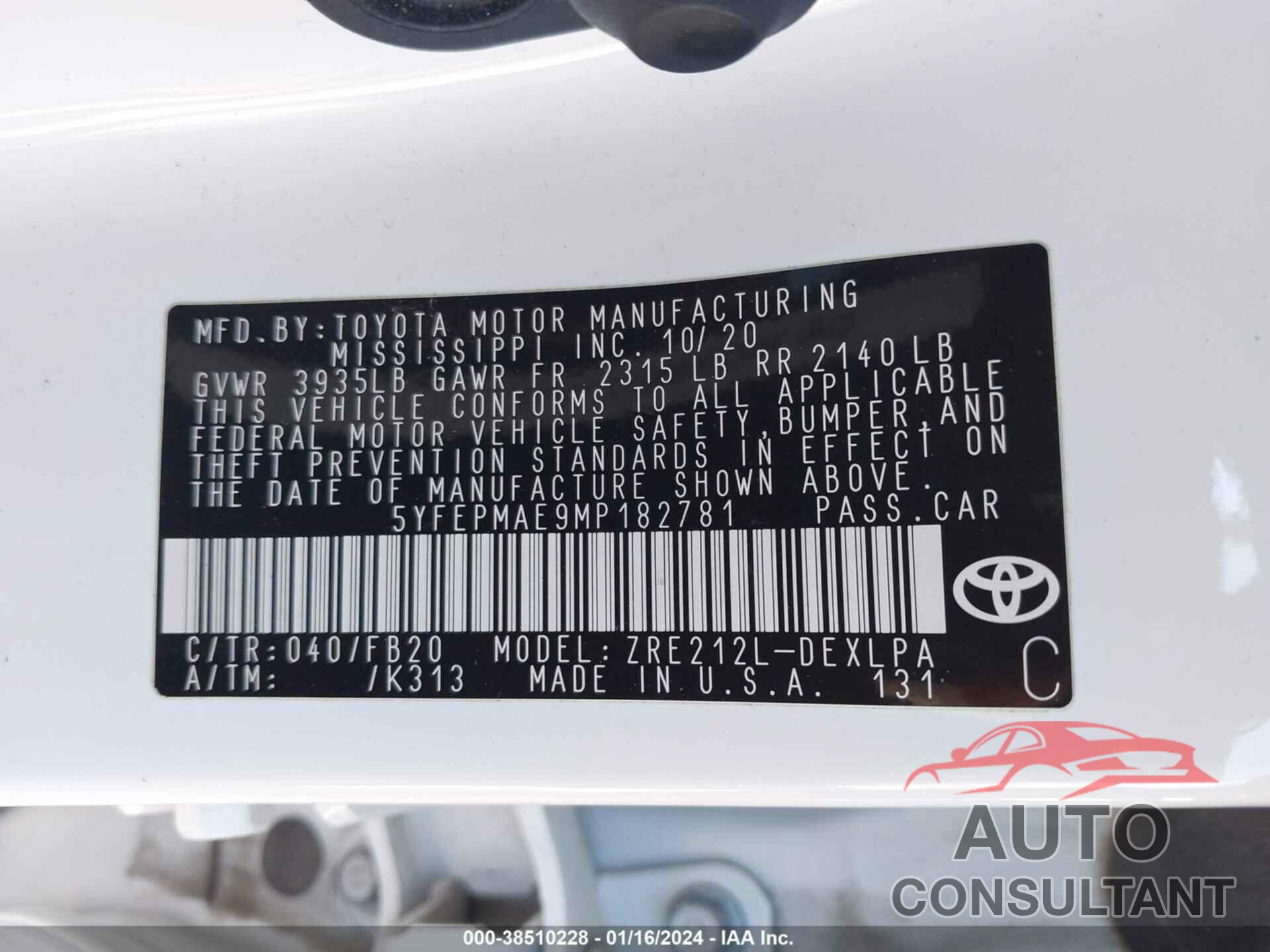 TOYOTA COROLLA 2021 - 5YFEPMAE9MP182781