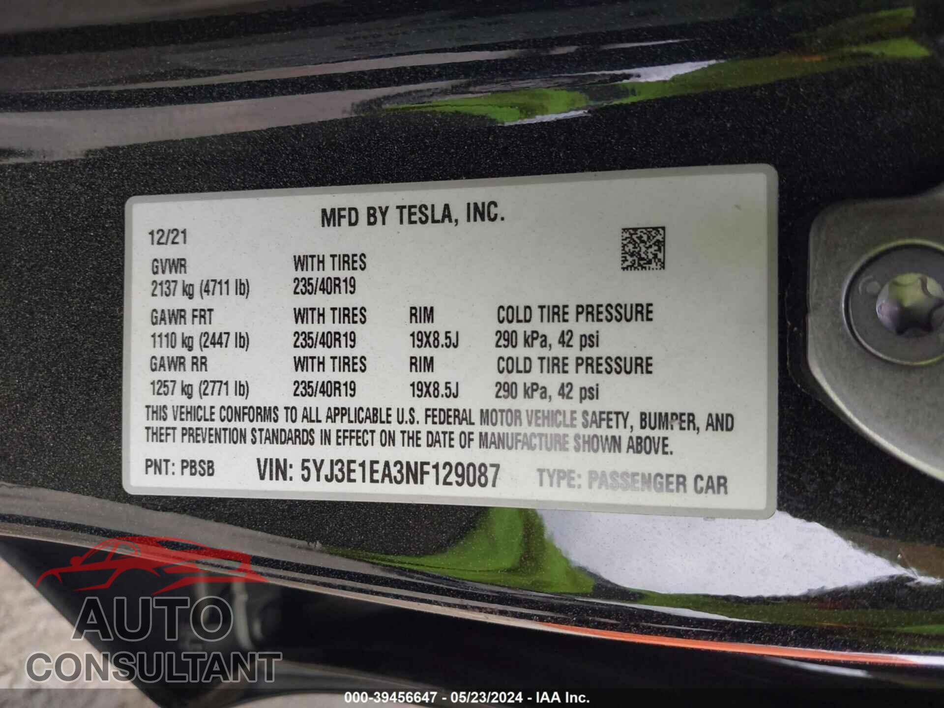 TESLA MODEL 3 2022 - 5YJ3E1EA3NF129087