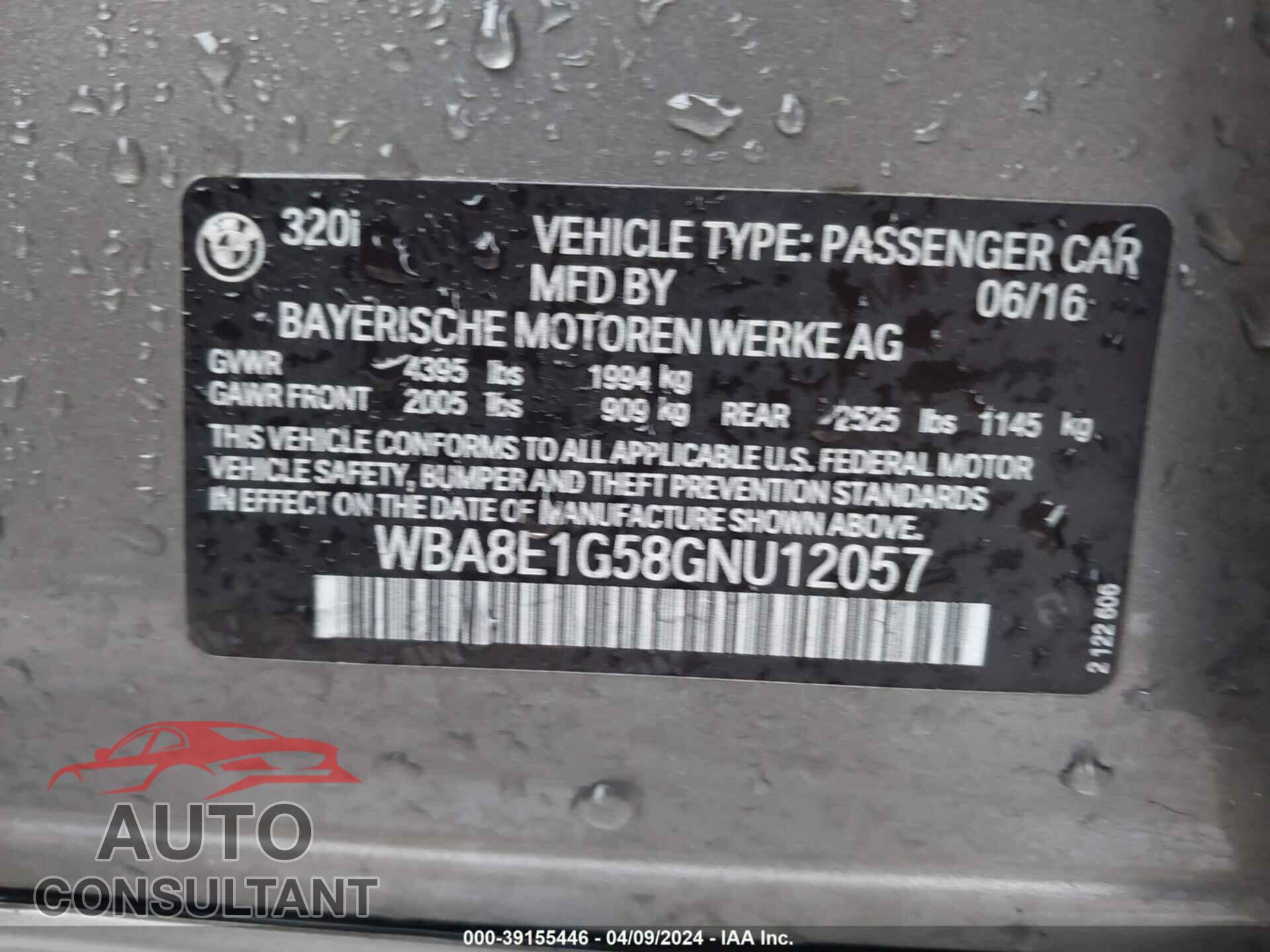 BMW 320 2016 - WBA8E1G58GNU12057