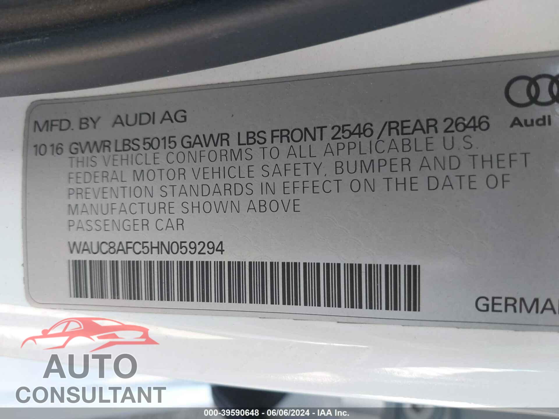 AUDI A6 2017 - WAUC8AFC5HN059294