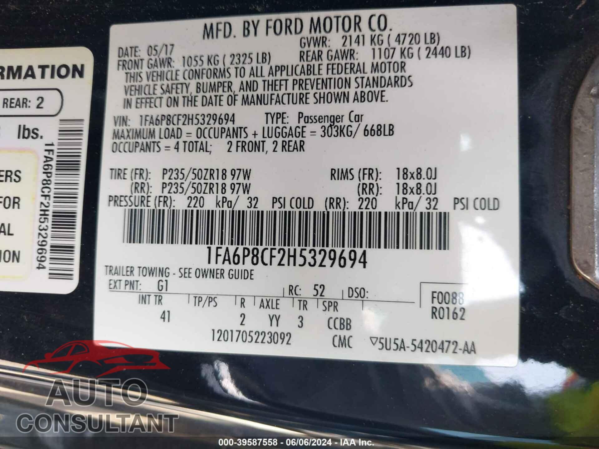 FORD MUSTANG 2017 - 1FA6P8CF2H5329694