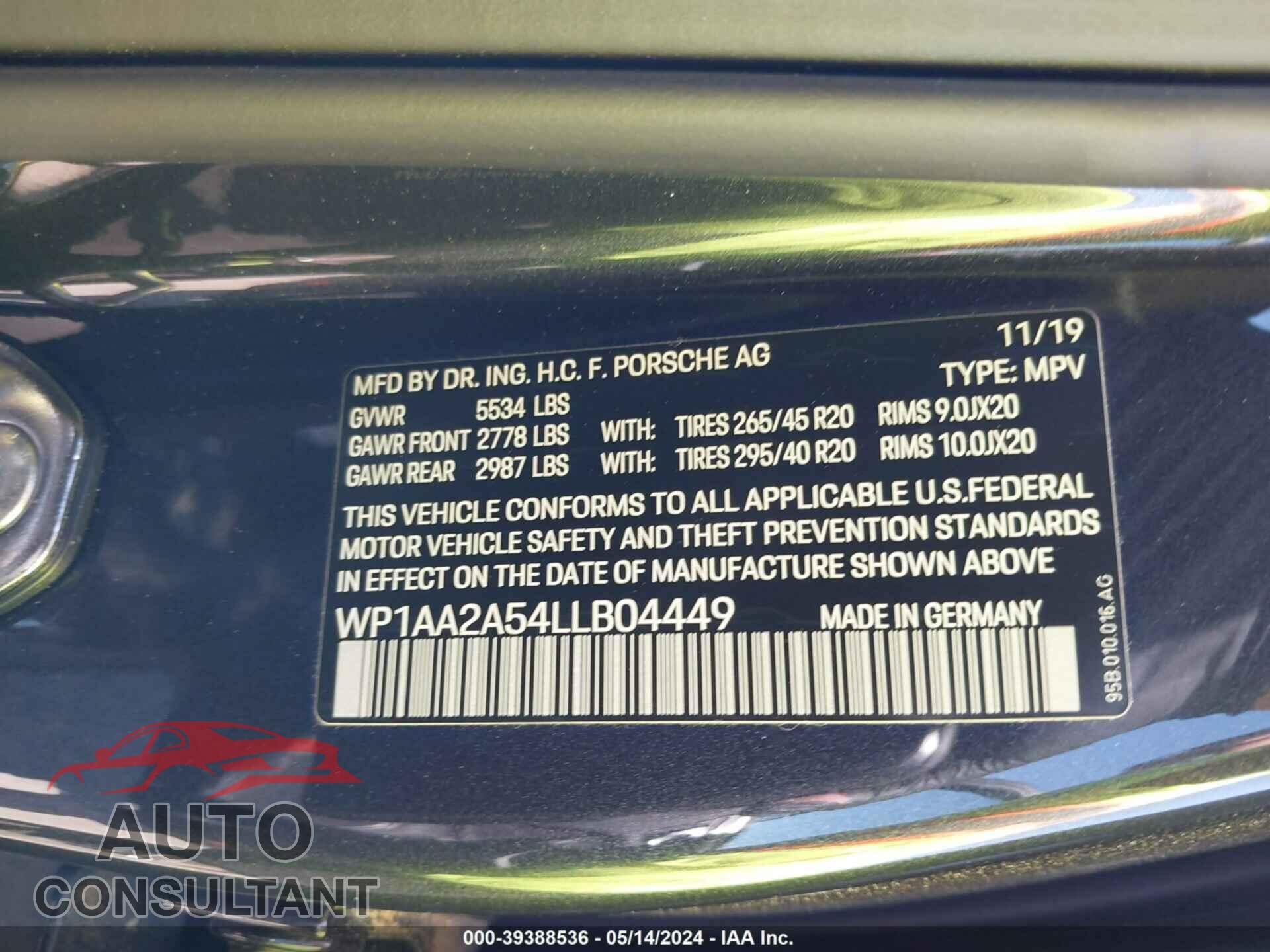 PORSCHE MACAN 2020 - WP1AA2A54LLB04449