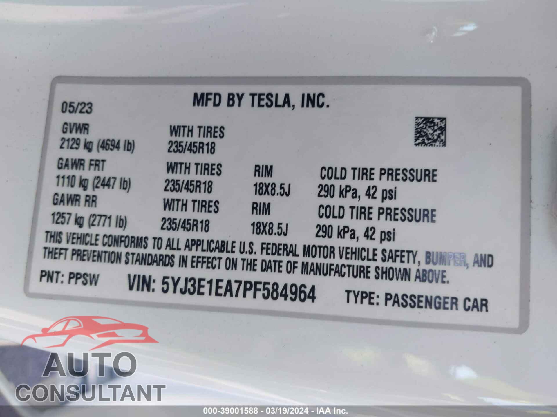 TESLA MODEL 3 2023 - 5YJ3E1EA7PF584964