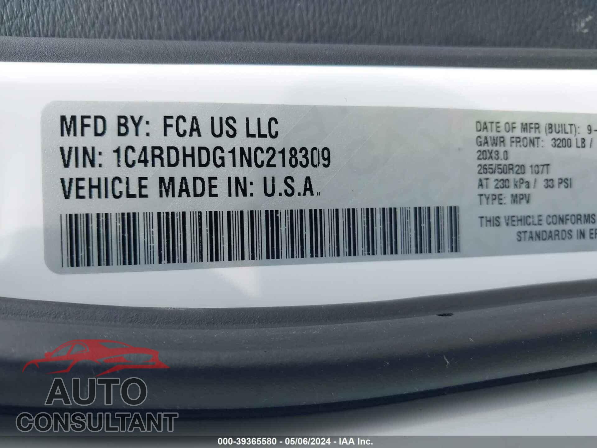 DODGE DURANGO 2022 - 1C4RDHDG1NC218309