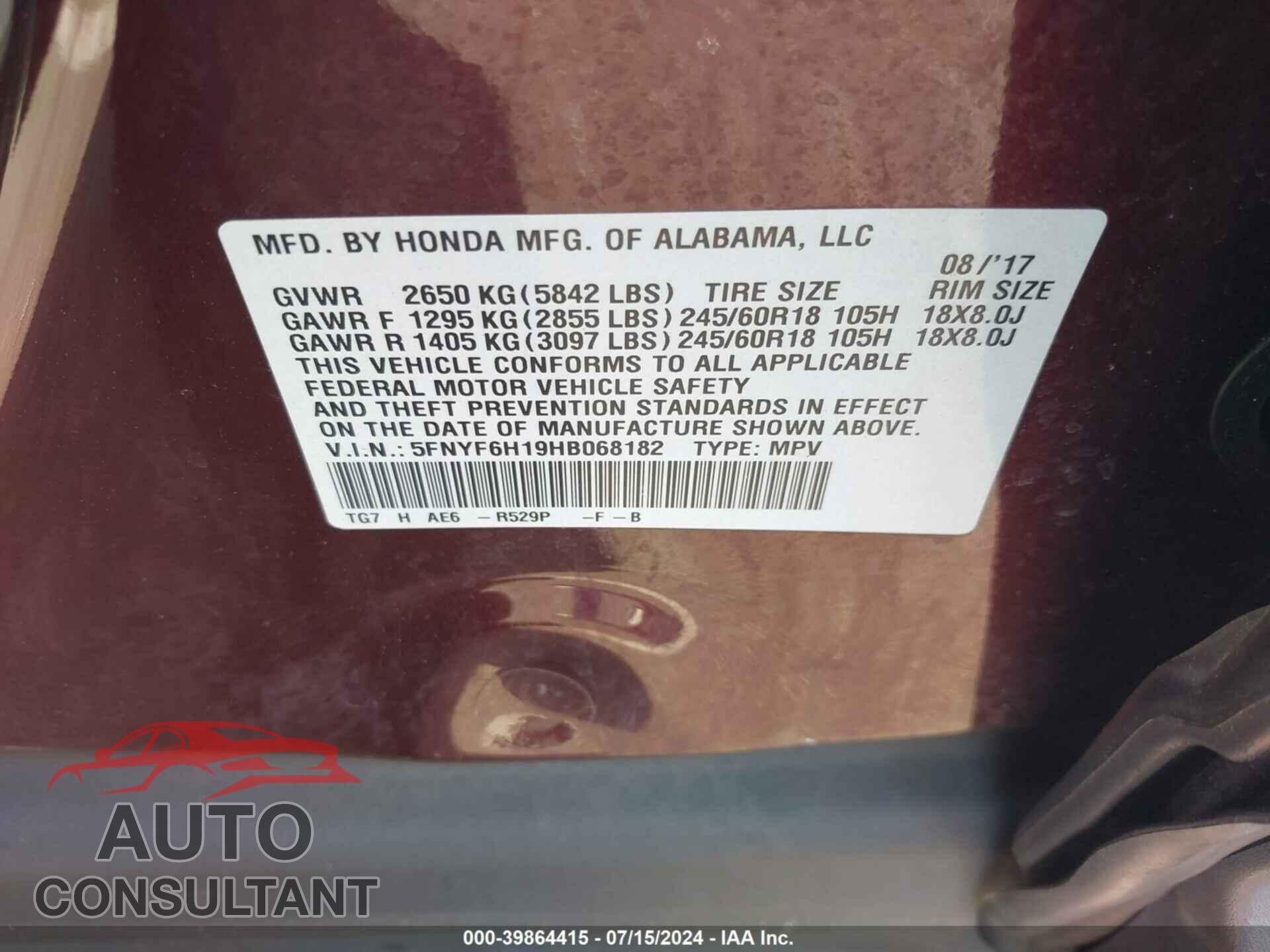 HONDA PILOT 2017 - 5FNYF6H19HB068182