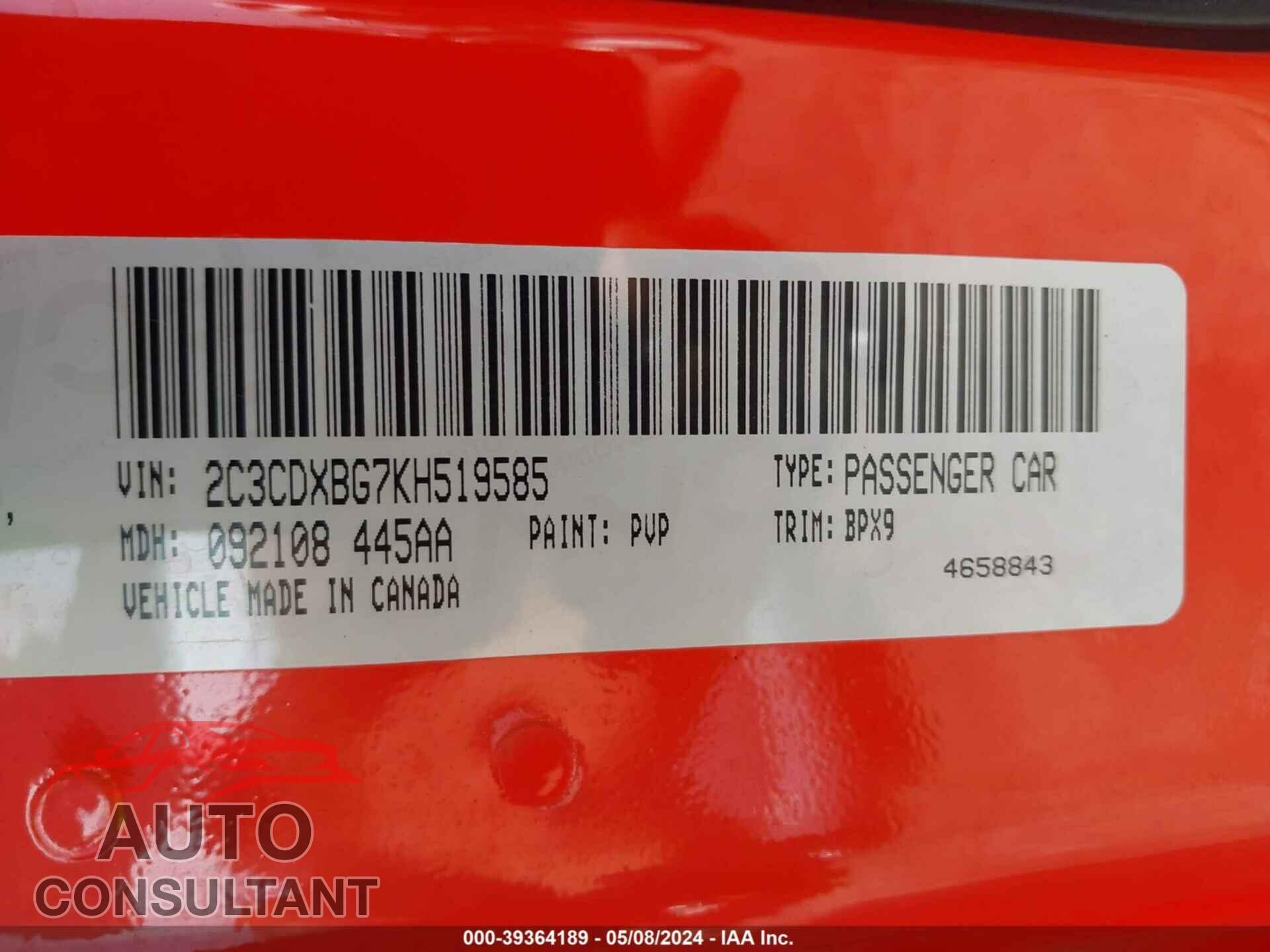DODGE CHARGER 2019 - 2C3CDXBG7KH519585