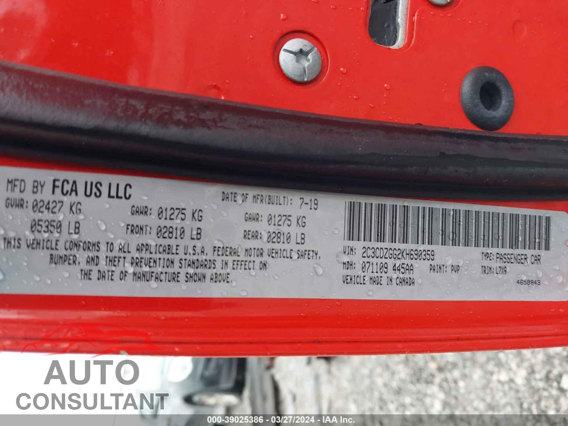 DODGE CHALLENGER 2019 - 2C3CDZGG2KH690359